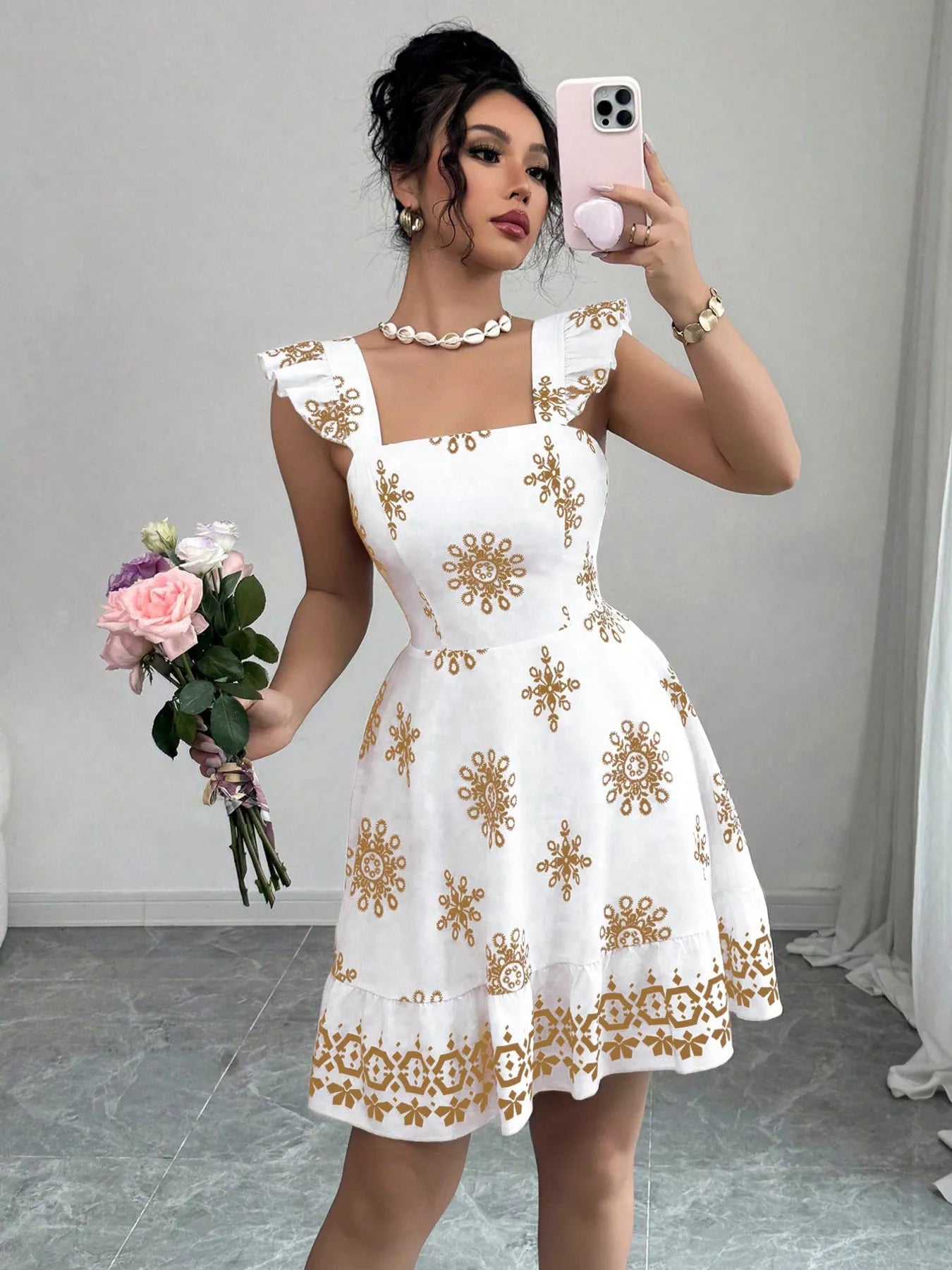Printed Bow Back Square Neck Mini Dress