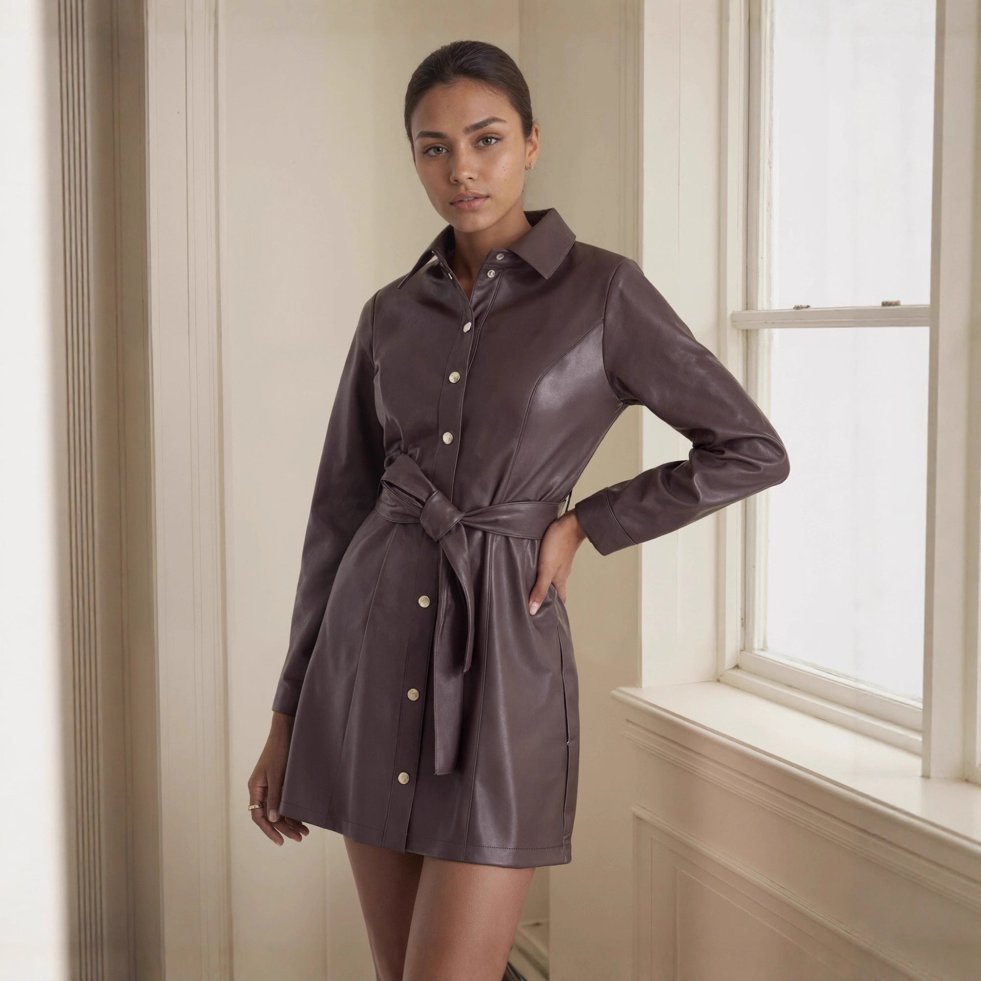 Belted Long-sleeve Leather Trench Fashionable Women's Coat