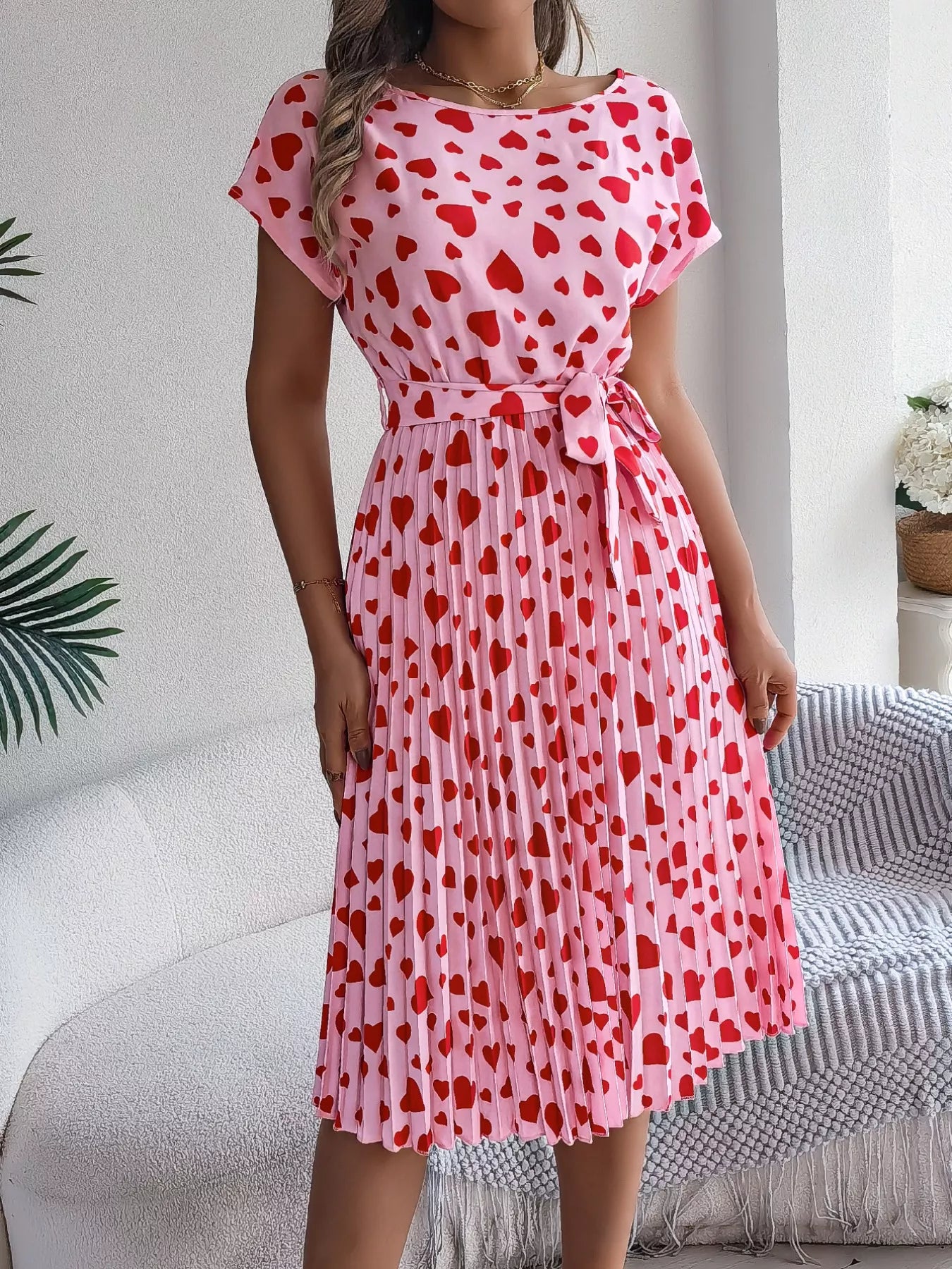 Heart Print Belted Pleated Midi Dress