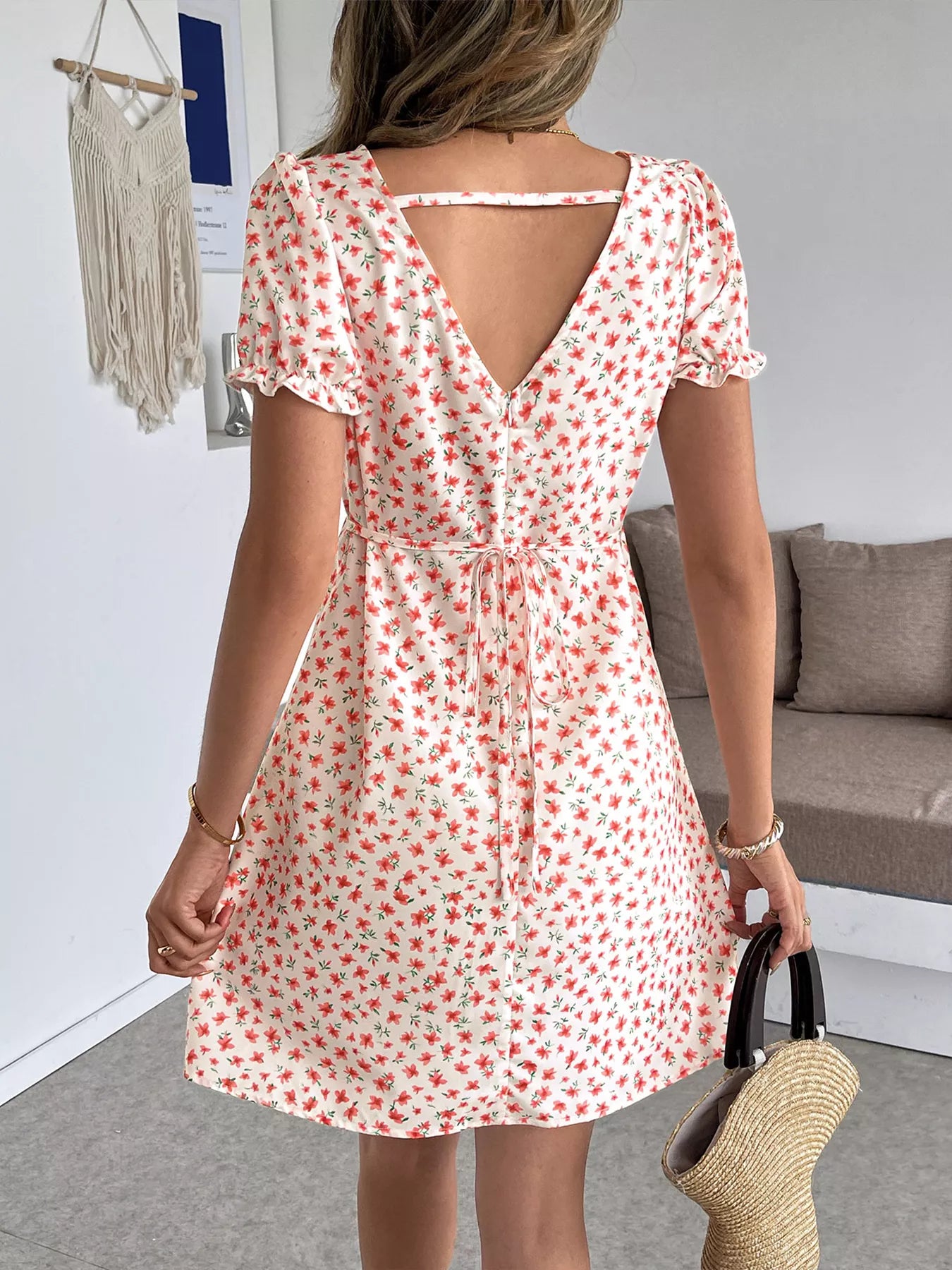 Floral Print V-Neck Puff Sleeve Mini Dress