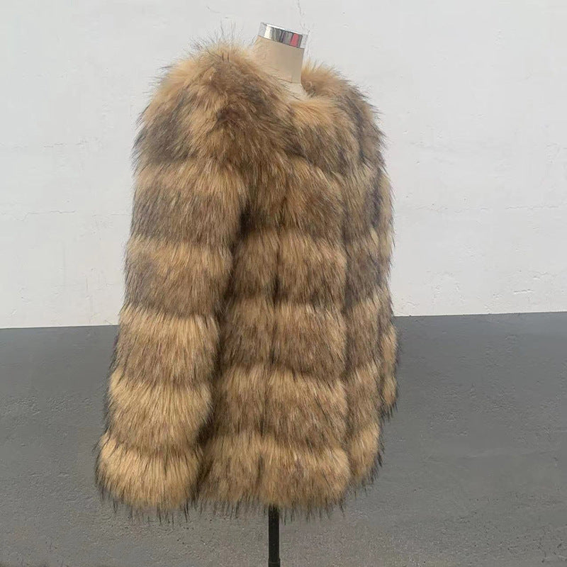 Coat Womens Faux Raccoon Patchwork Synthetic Fur Overcoat