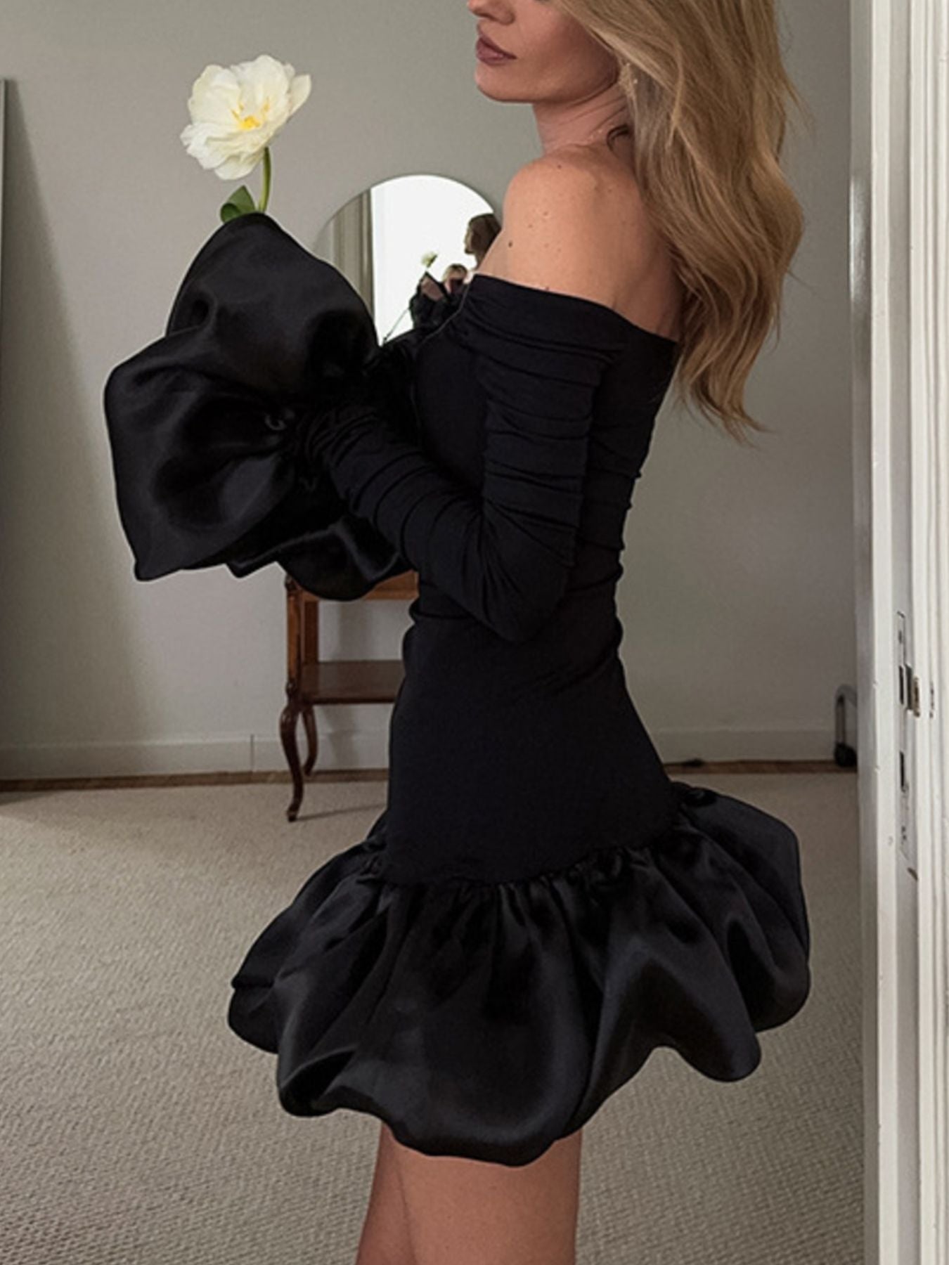 Off-Shoulder Ruffle Hem Mini Dress