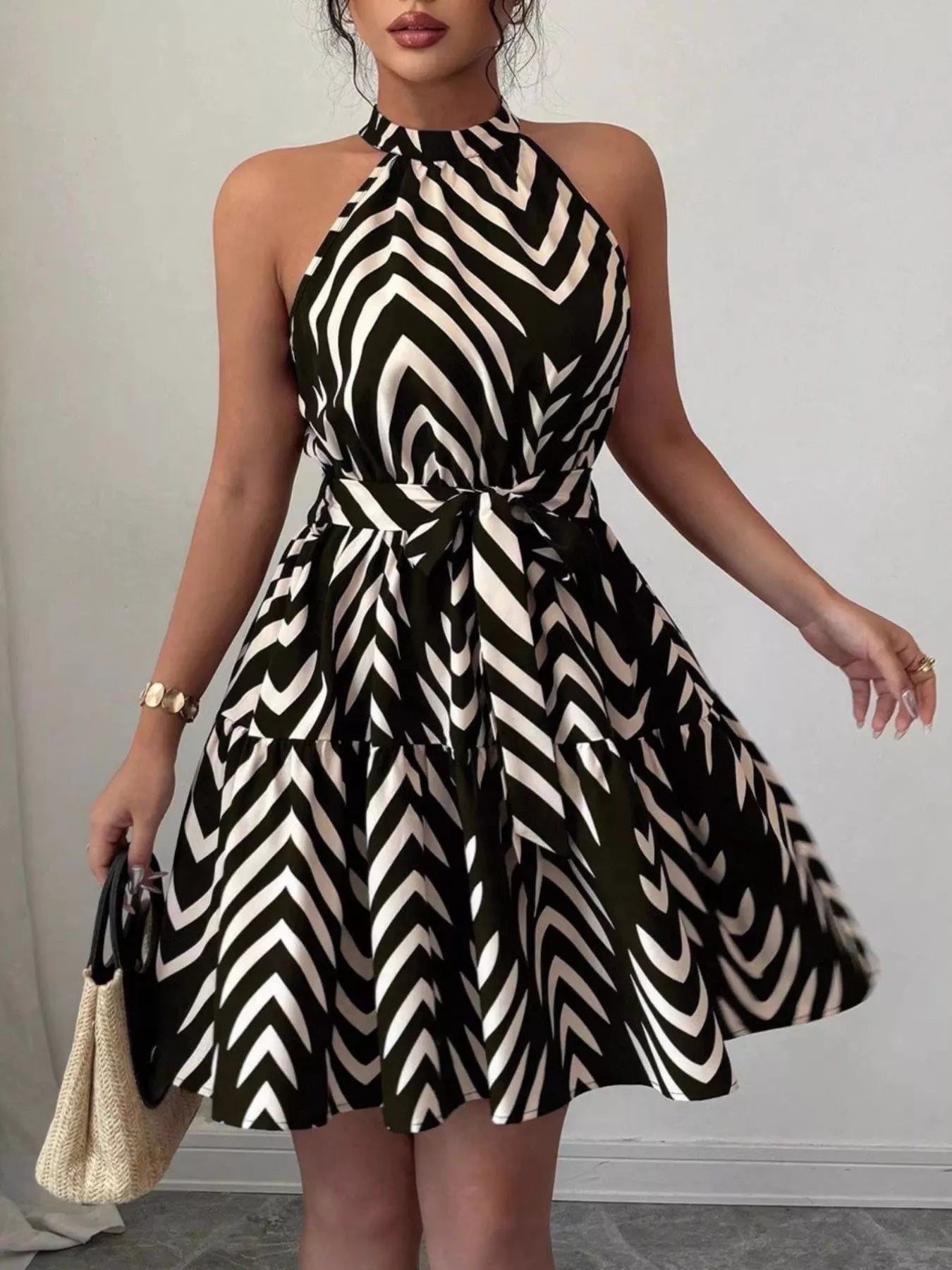 Zebra Print Halter Neck Tie Waist Ruffle Hem Dress