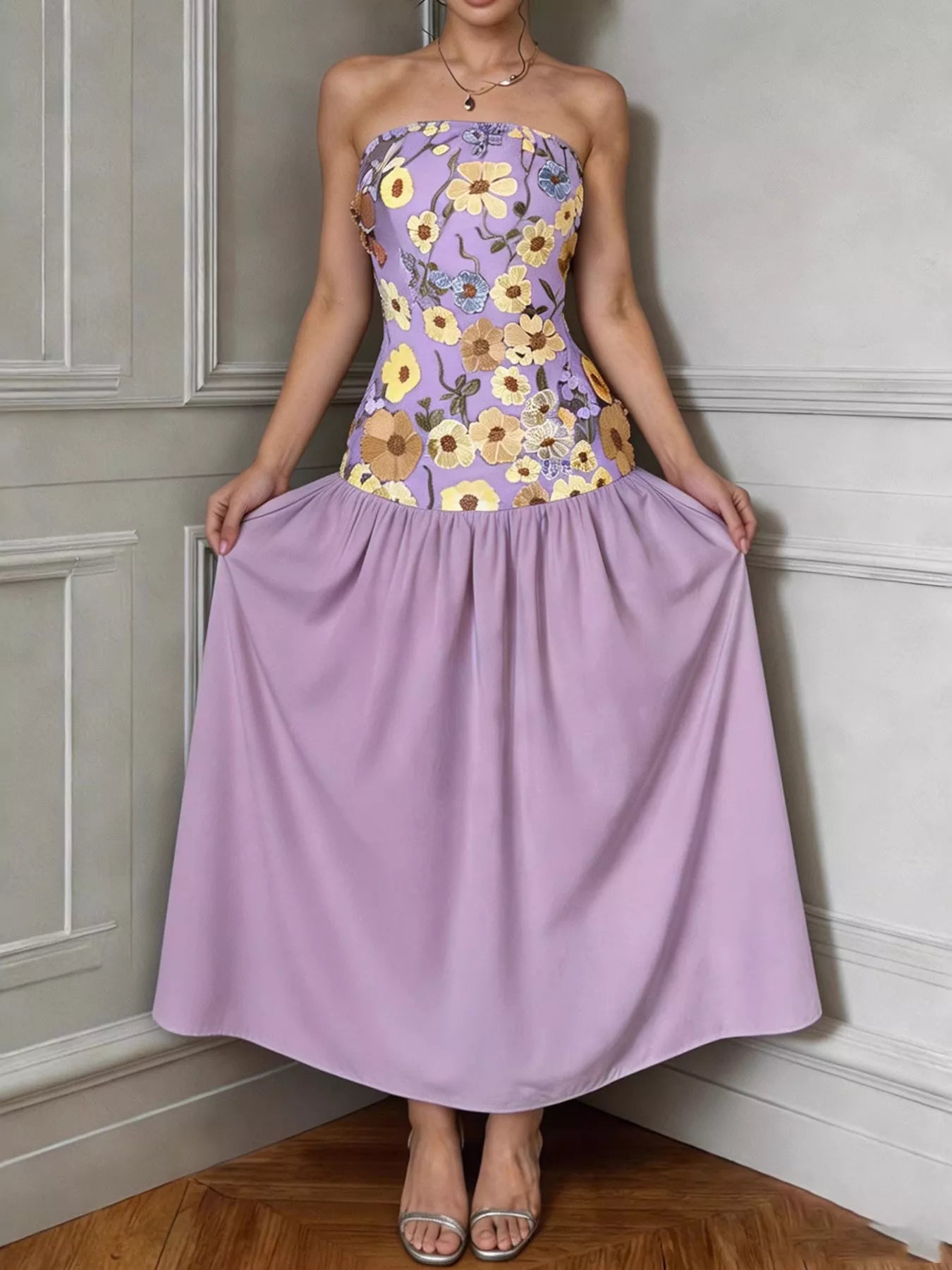 Floral Embroidered Tube Maxi Dress