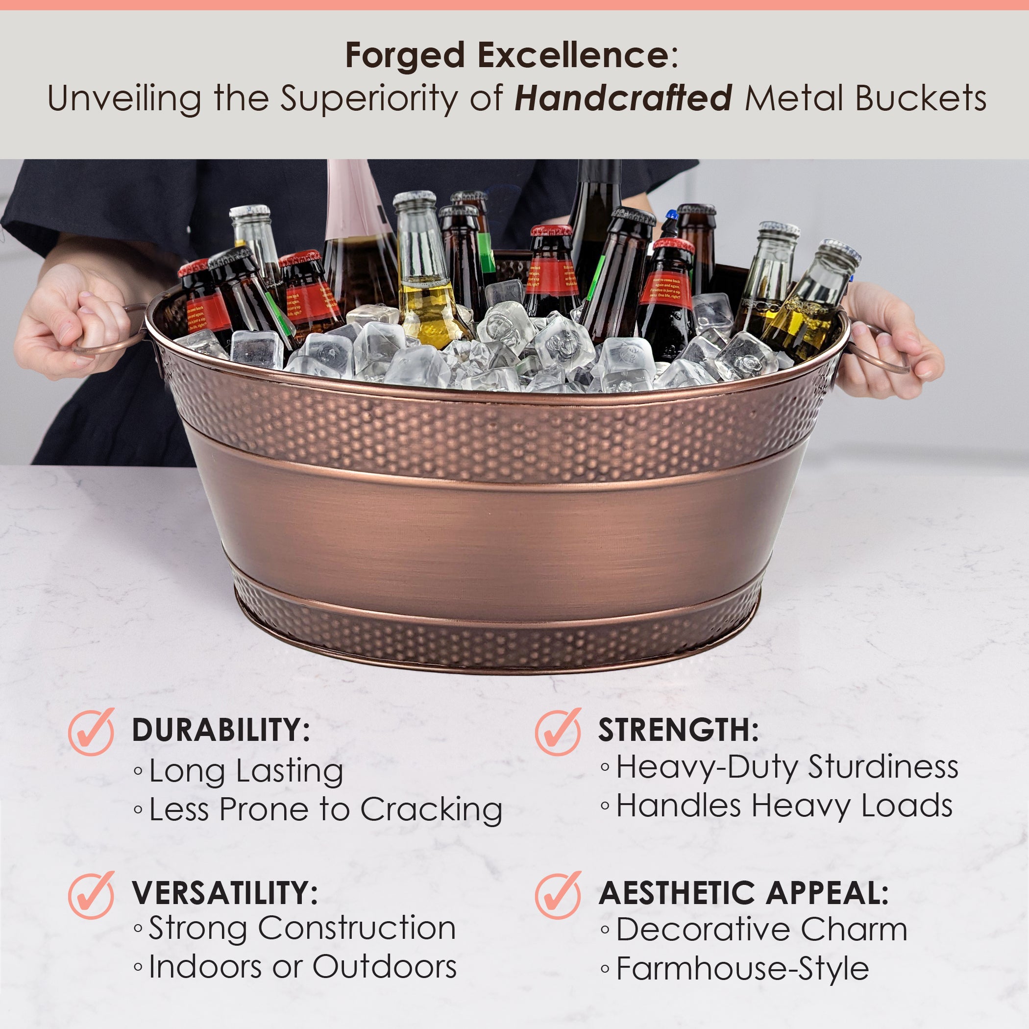 Colt Hammered Antique Copper Drink Buckets – Set of 2 Galvanized Steel Beverage Tubs | BREKX