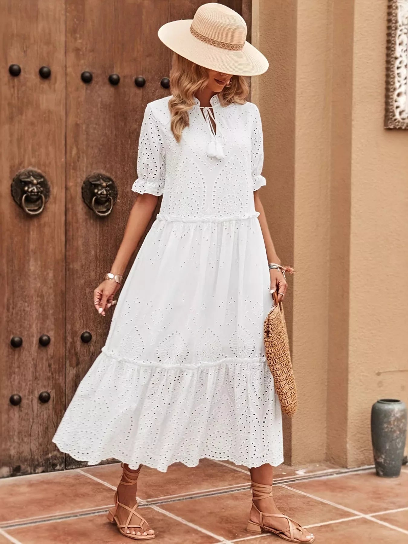 Eyelet Tie Neck Half Sleeve Midi Dress