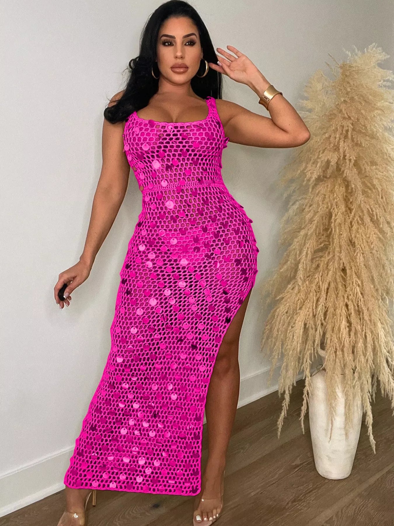 Sequin Embellished Crochet Maxi Dress with High Slit