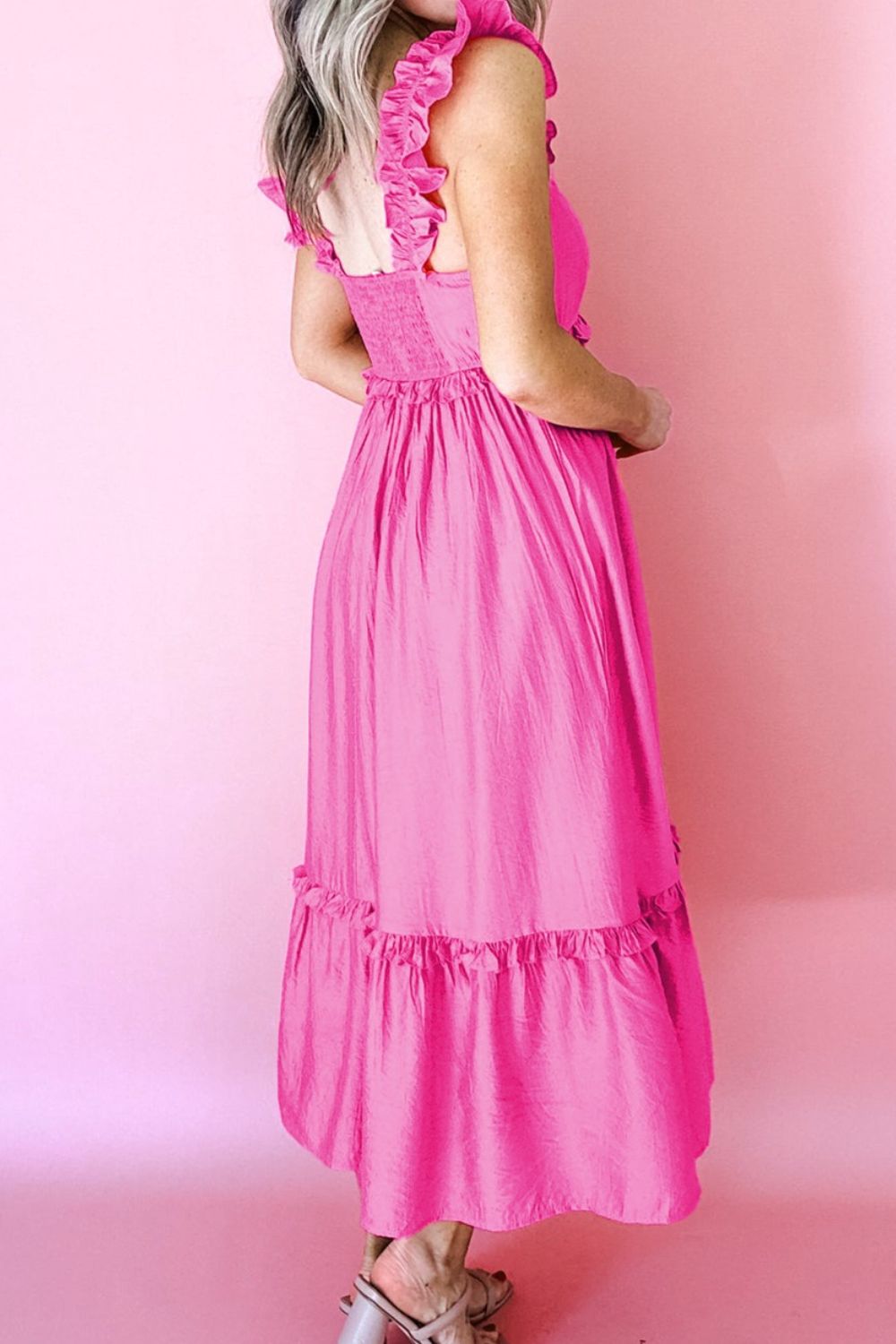 Solid Color Ruffle Trim High Waist Sleeveless Maxi Dress