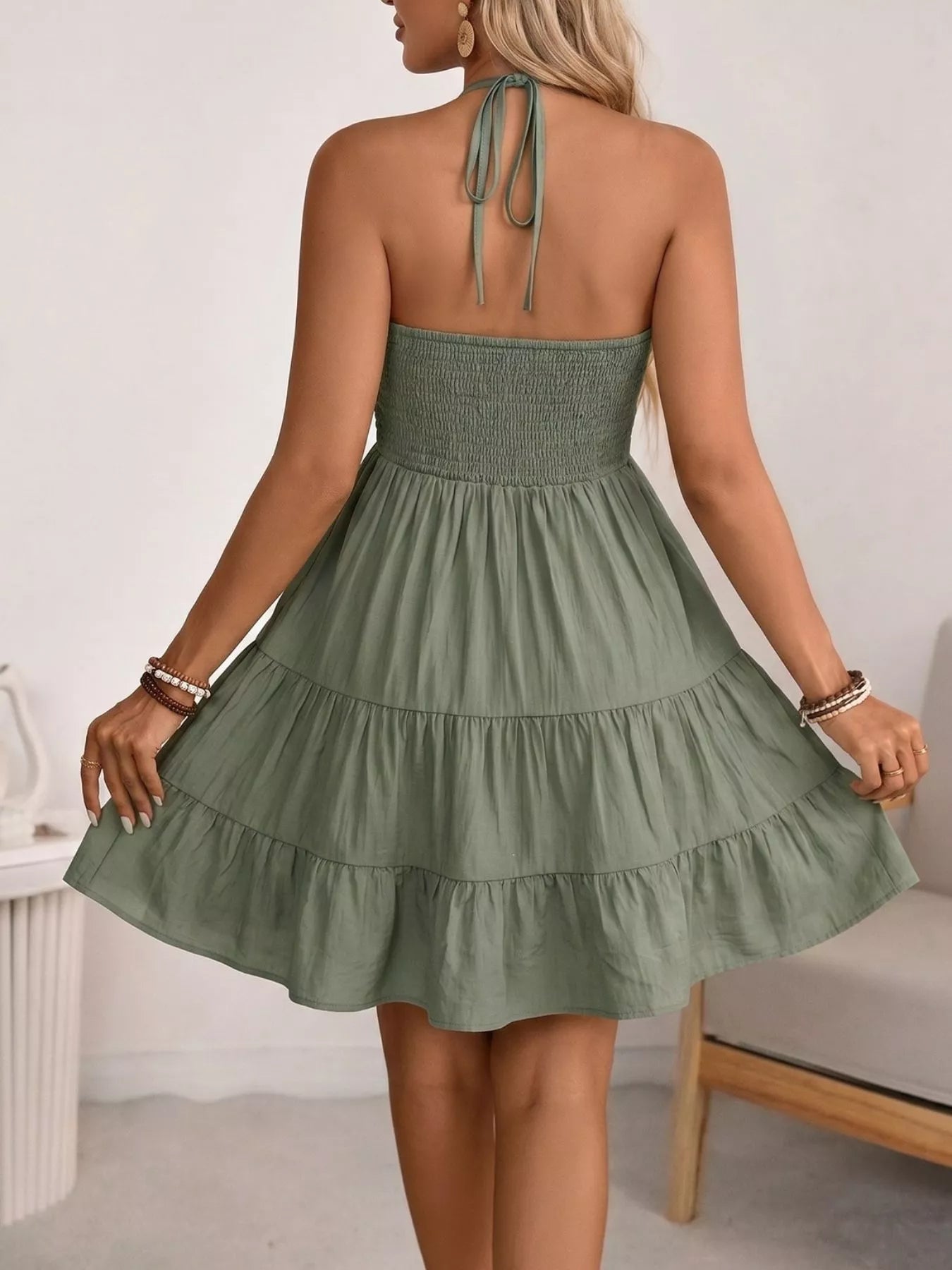 Casual Halter Neck Tiered Mini Dress