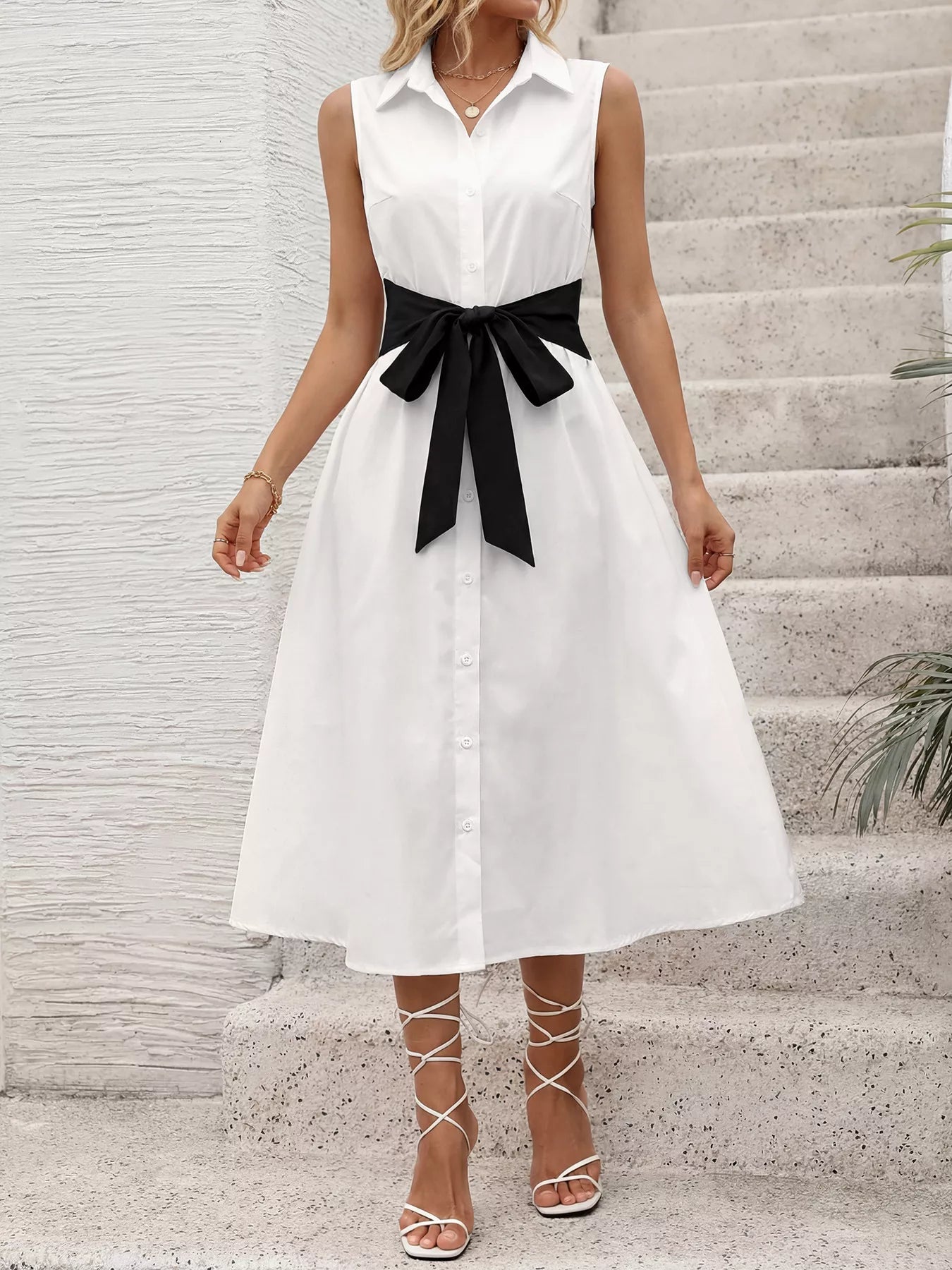 Contrast Bow Sleeveless Shirt Dress