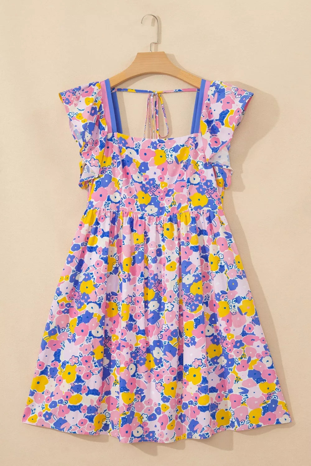Floral Print Flutter Sleeve Striped Trim Square Neck Loose Mini Dress