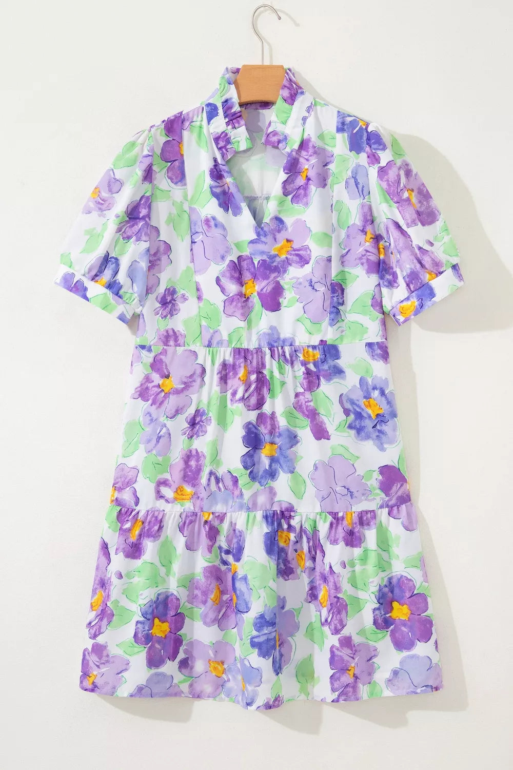 Floral V Collar Short Sleeve Tiered Ruffle Mini Dress