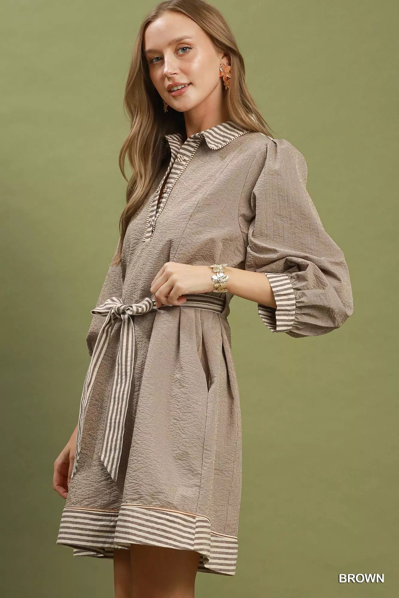 Umgee Striped Contrast Belted Puff Sleeve Mini Dress