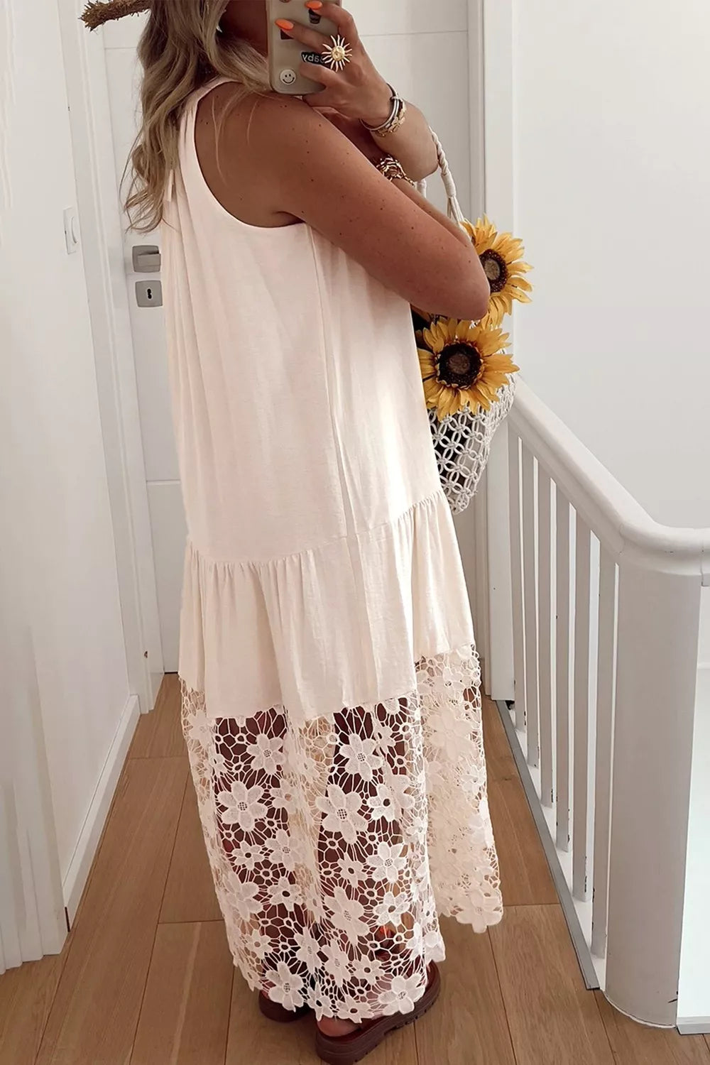 Hollowed Floral Lace Hem Patchwork Loose Halter Summer Dress
