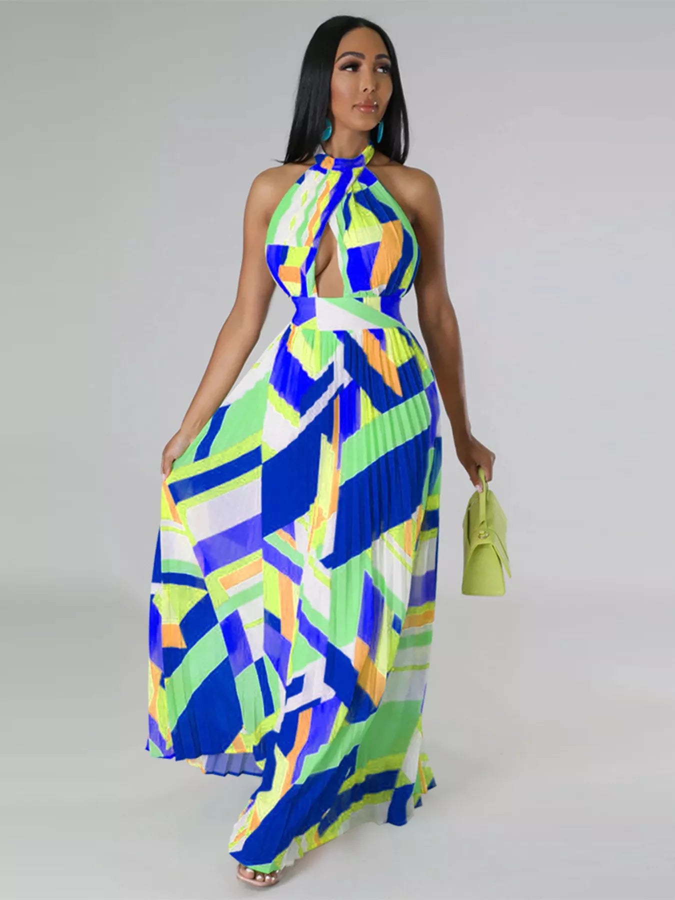 Halter Neck Geometric Print Pleated Maxi Dress