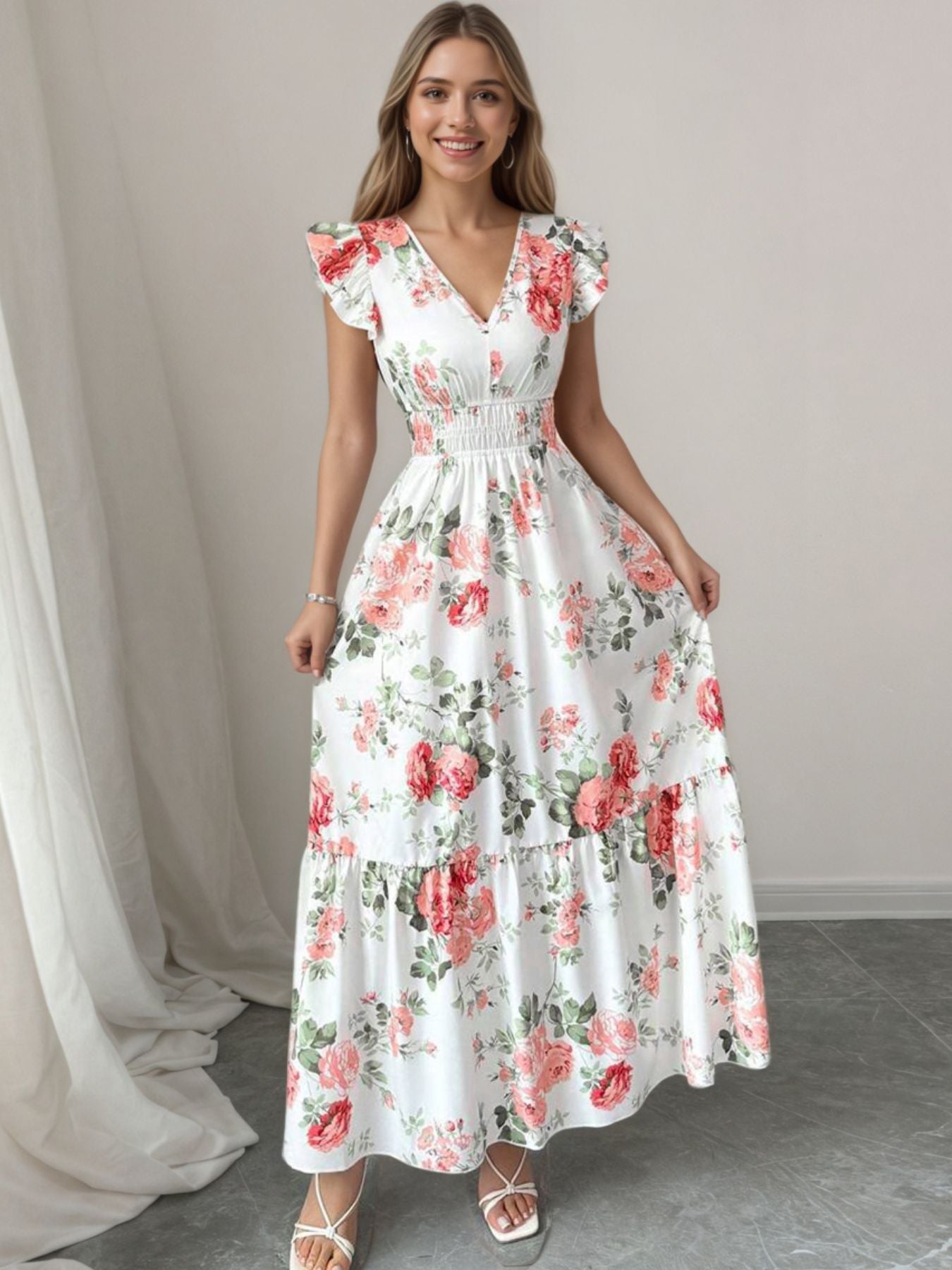 Floral Print Ruffle Sleeve Tiered Maxi Dress