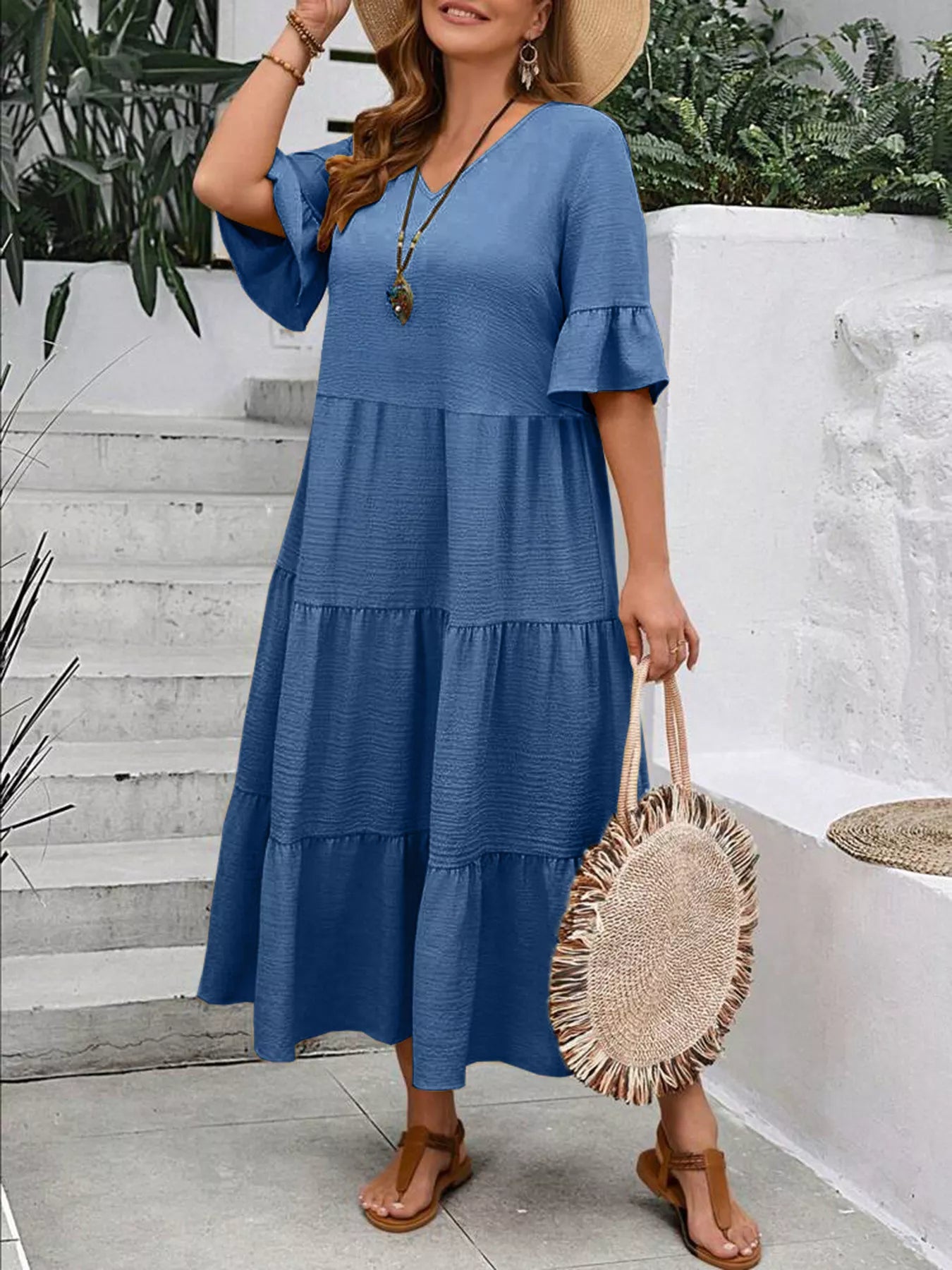 Plus Size Ruffle Sleeves Tiered Midi Dress