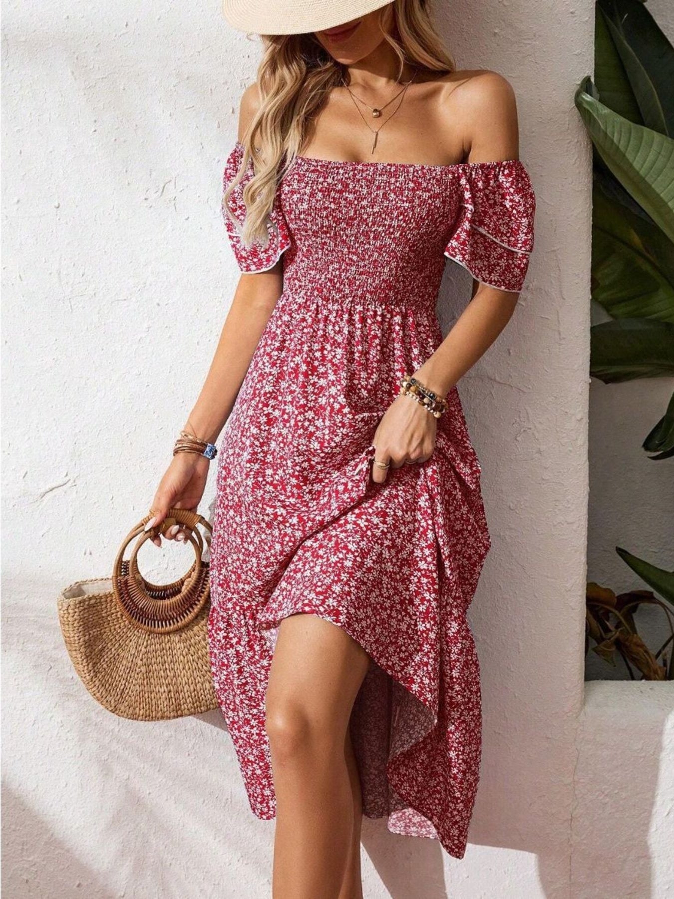 Floral Print Smocked Ruffle Sleeves Dress
