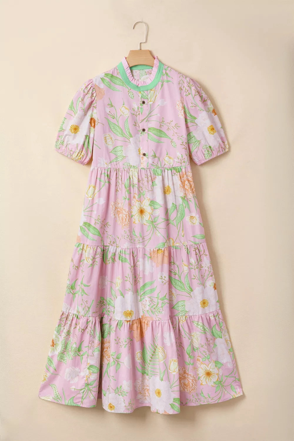 Floral Print Short Puff Sleeve High Waist Tiered Dress