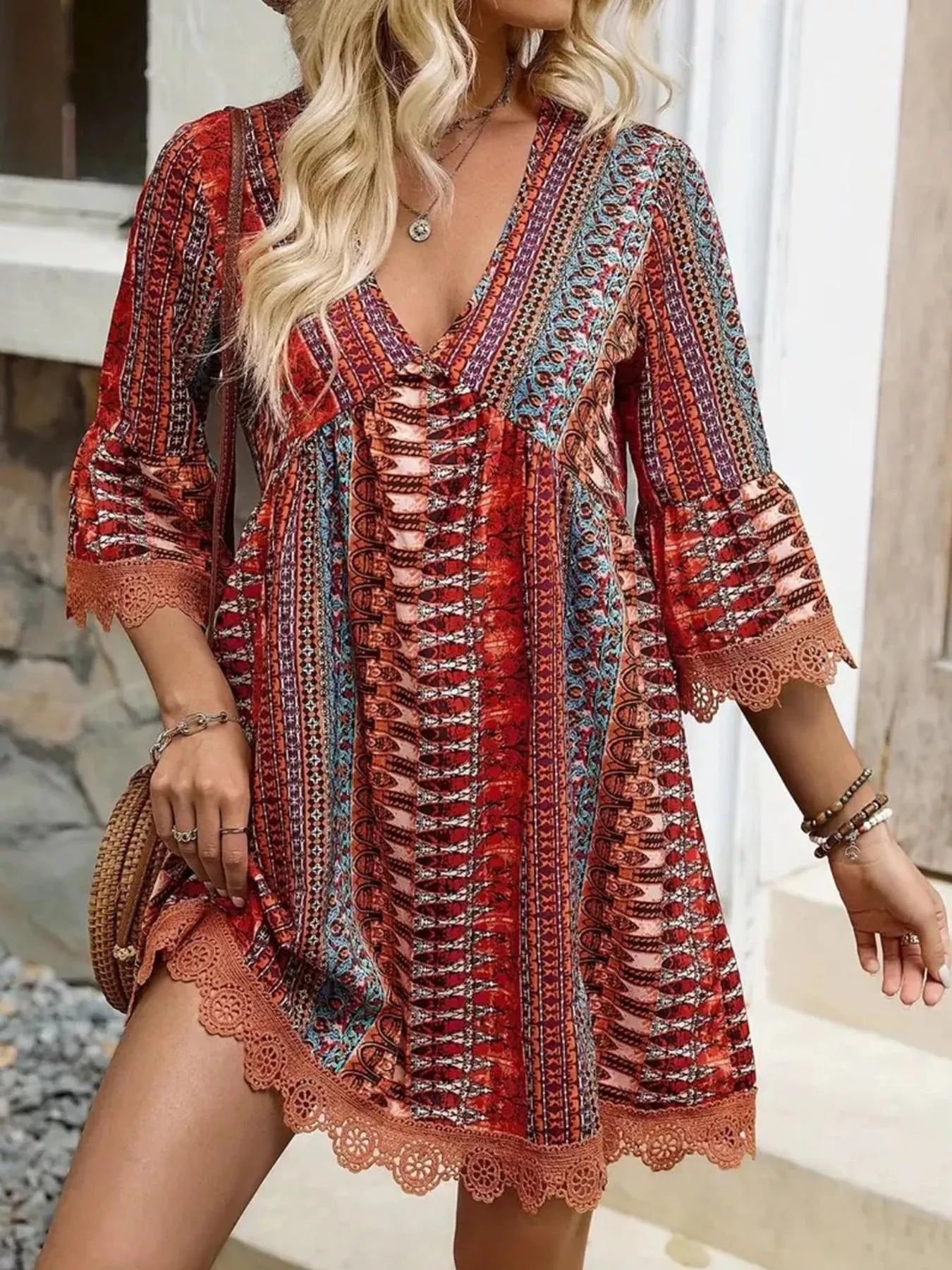 Printed V-Neck A-Line Dress