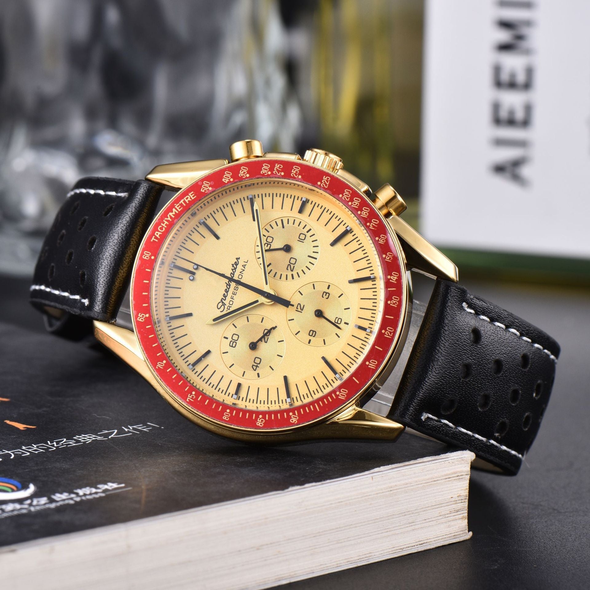 Business Mens 6-Hand Leather-Band Multi-Function Quartz Watch
