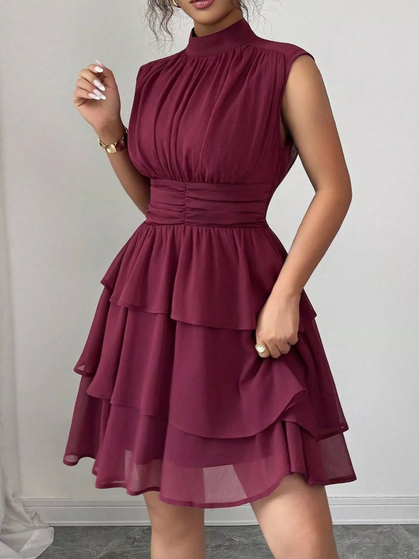 Sleeveless Mock Neck Layered Ruffle Dress