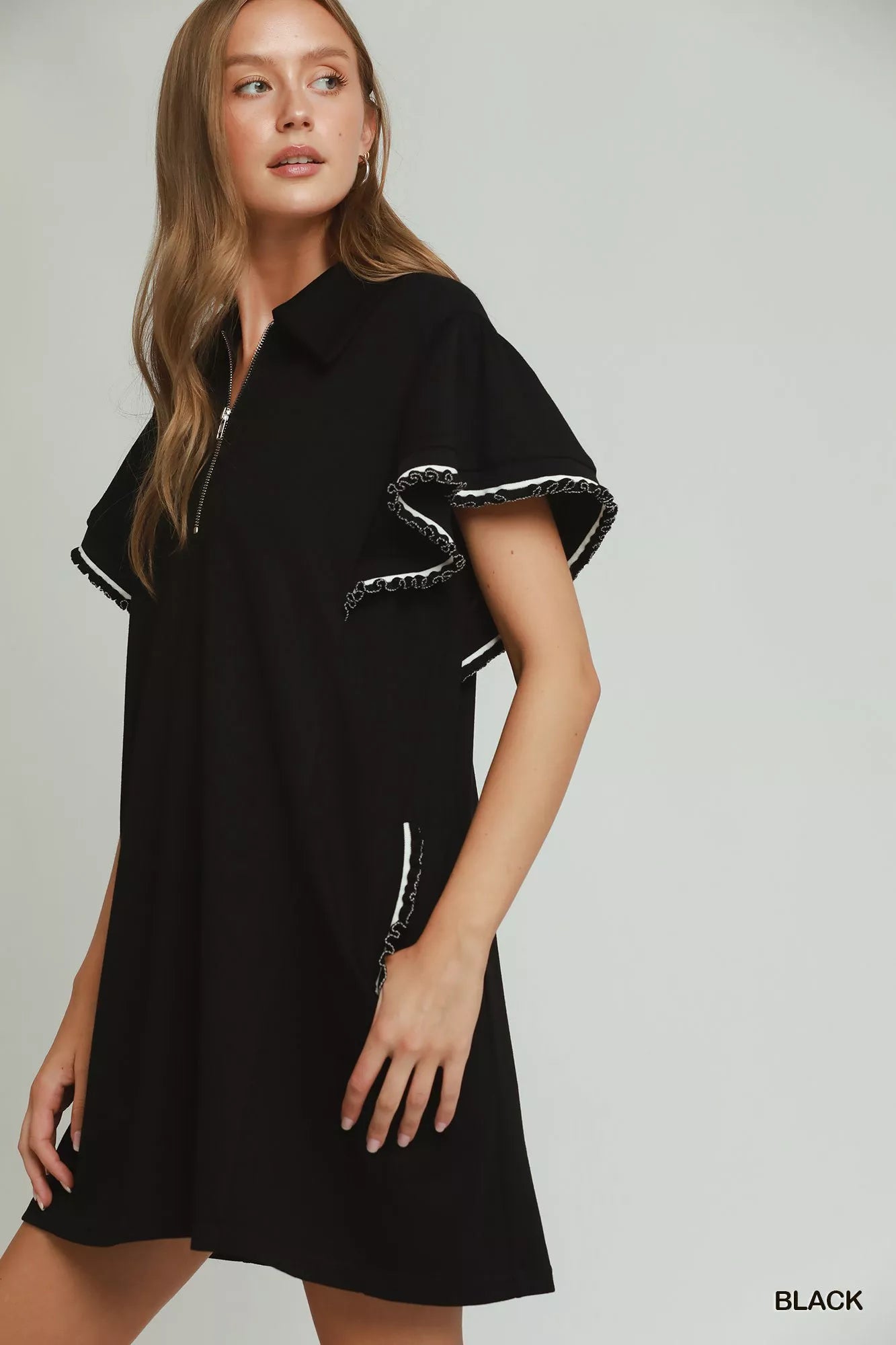 Umgee Half Zip Ruffle Rib Band Butterfy Sleeve Mini Dress with Pockets