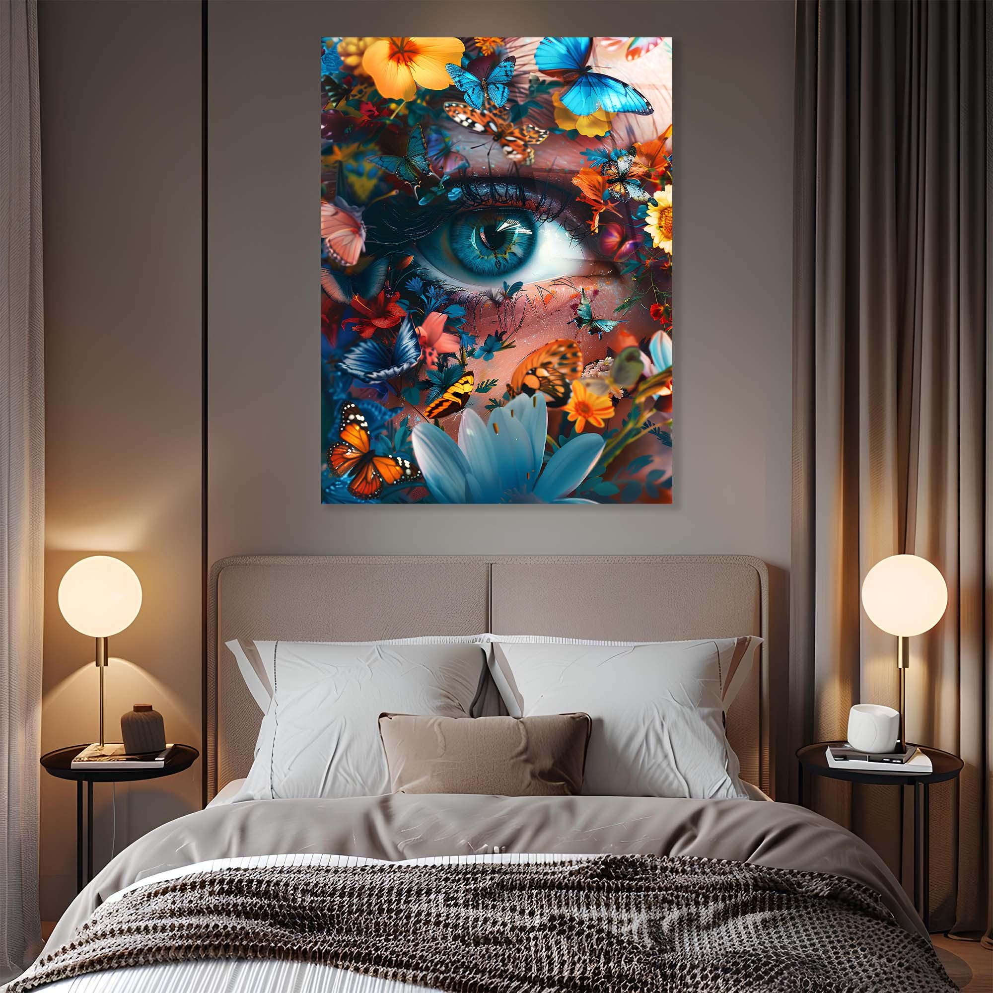 Butterfly Garden Eye Tempered Glass Wall Art | Surreal Botanical Decor