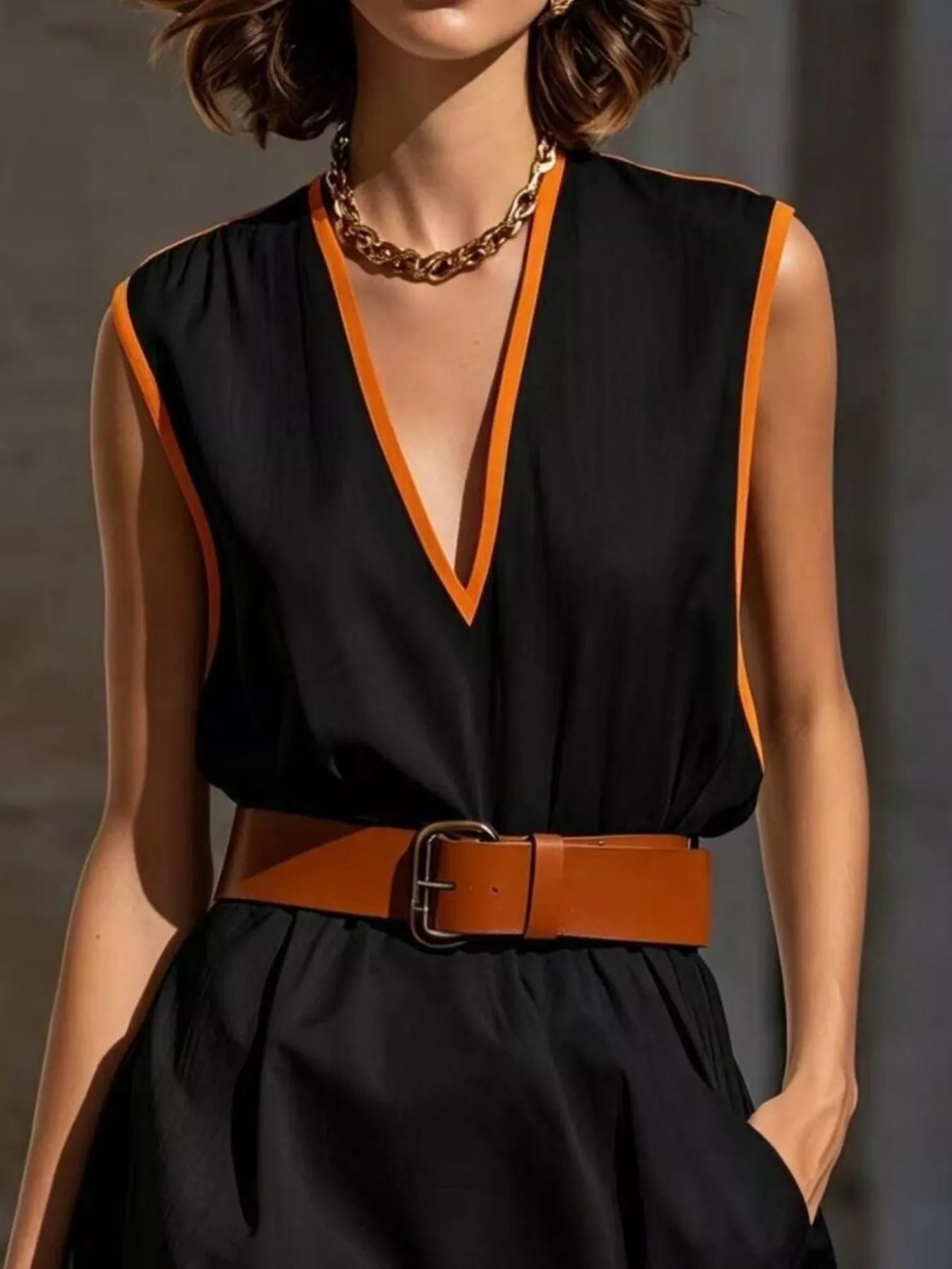 Contrast Trim V-Neck Sleeveless Dress