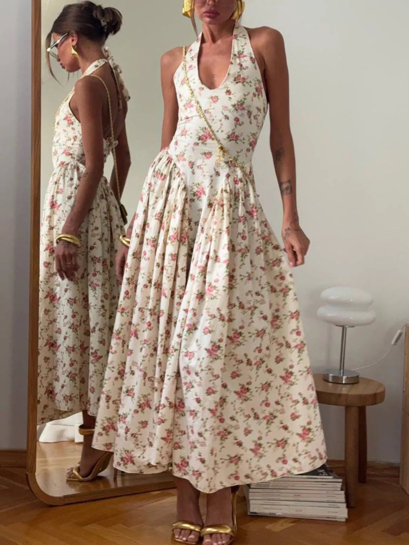 Floral Print Halter Neck Midi Dress