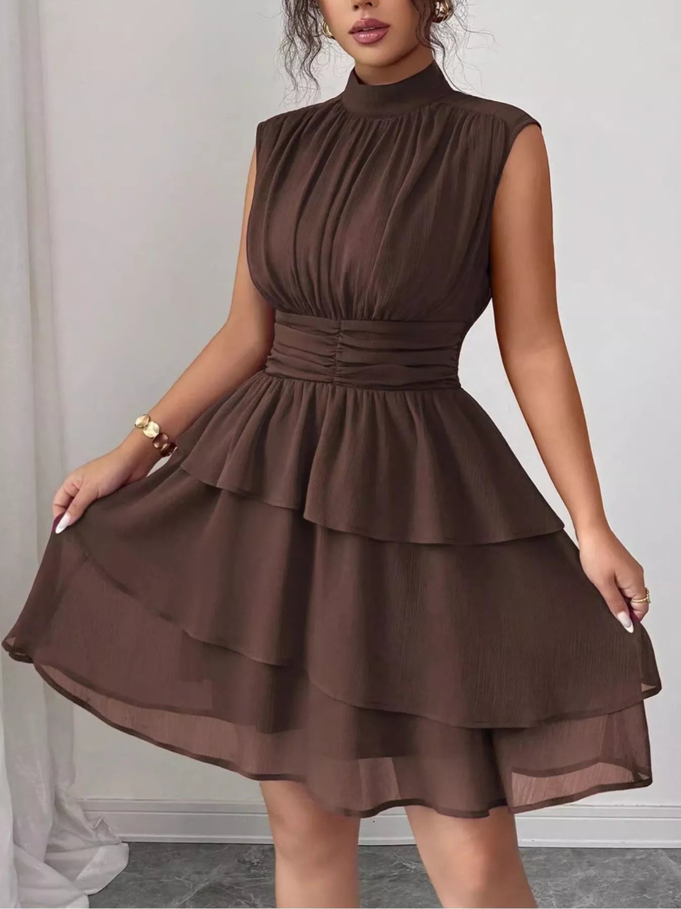 Sleeveless Mock Neck Layered Ruffle Dress