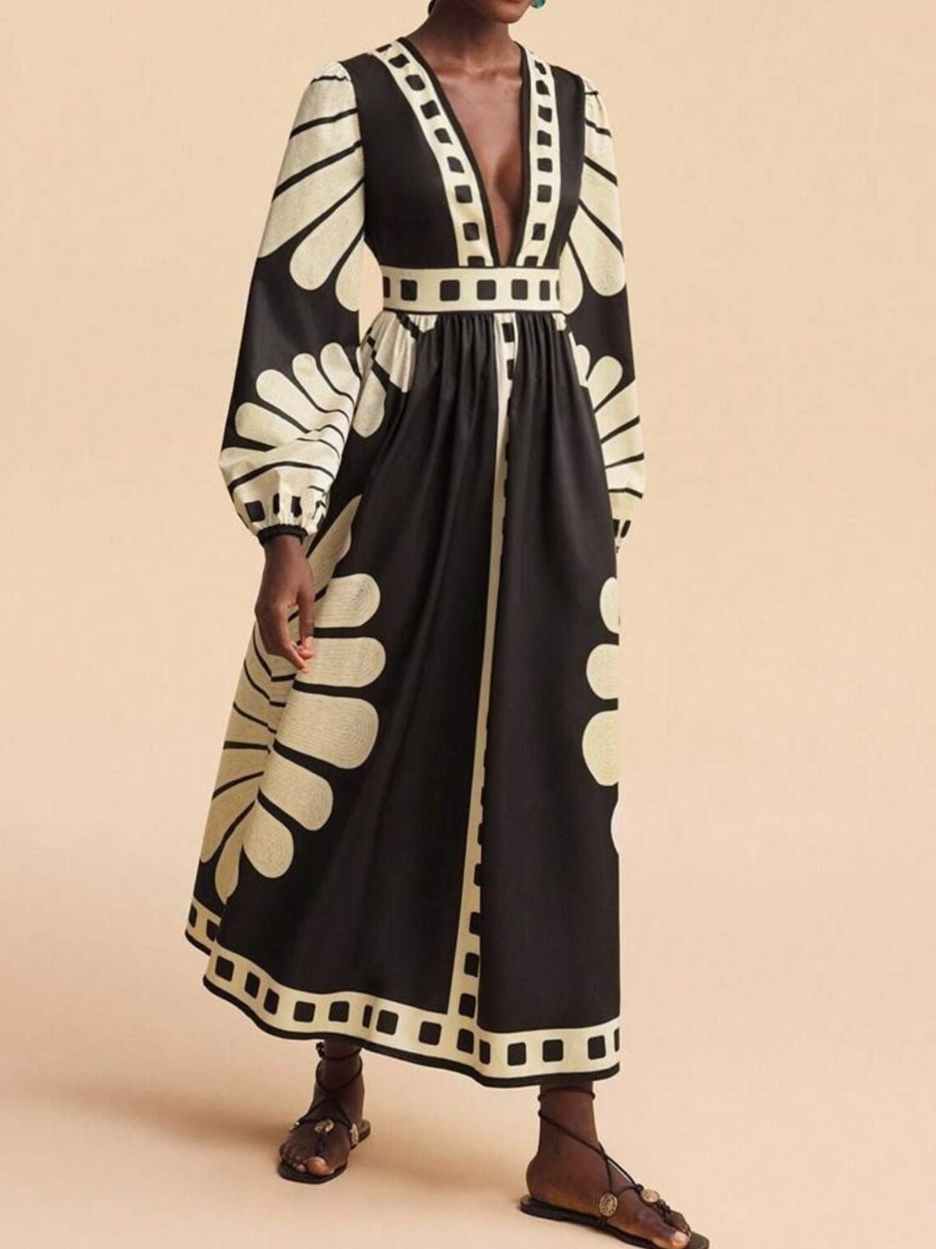Printed Deep V-Neck Long Sleeve Dress