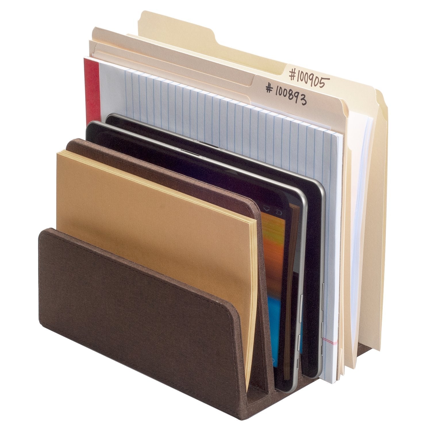 Executive Desk Organizer & Sorter – 5-Slot Dark Brown Wood File Holder for Laptops, Tablets, and Documents