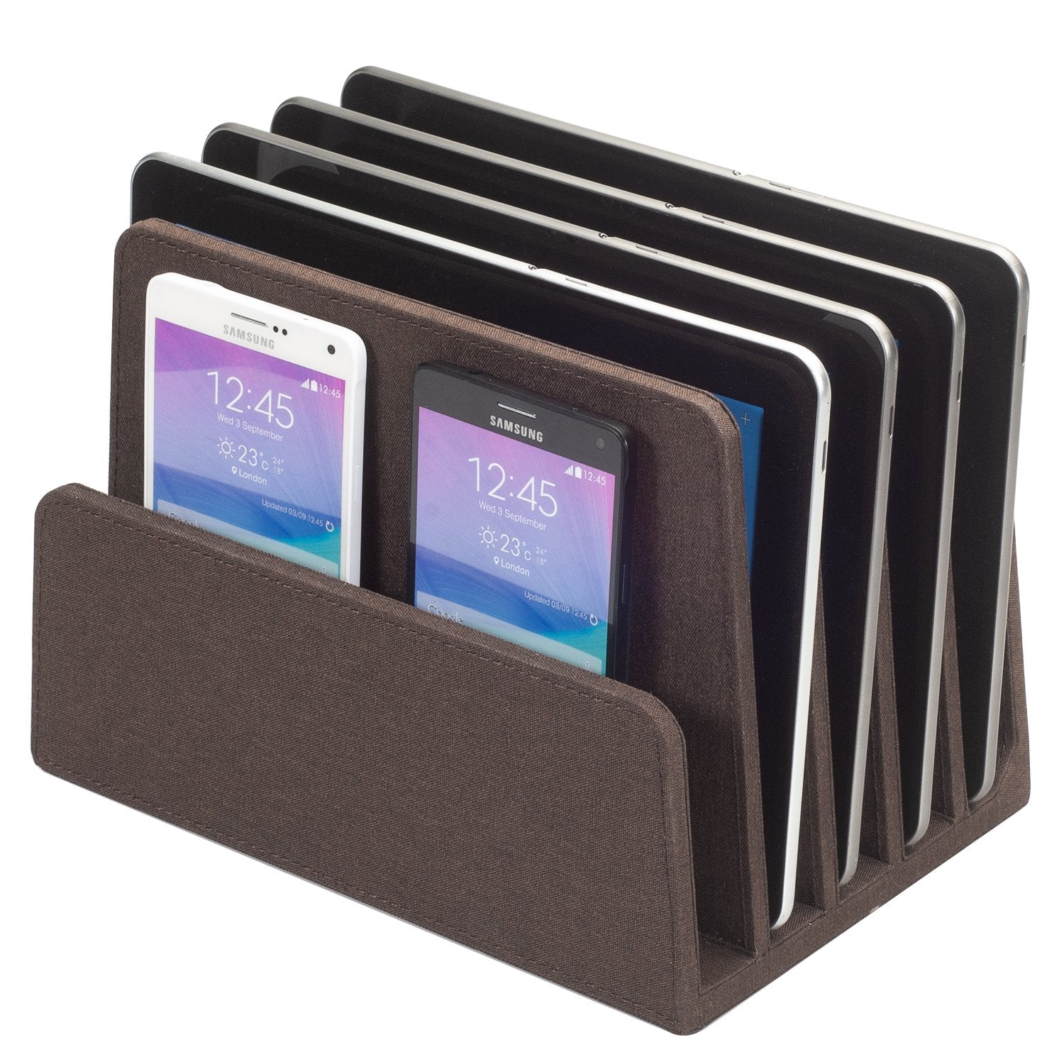 Executive Desk Organizer & Sorter – 5-Slot Dark Brown Wood File Holder for Laptops, Tablets, and Documents