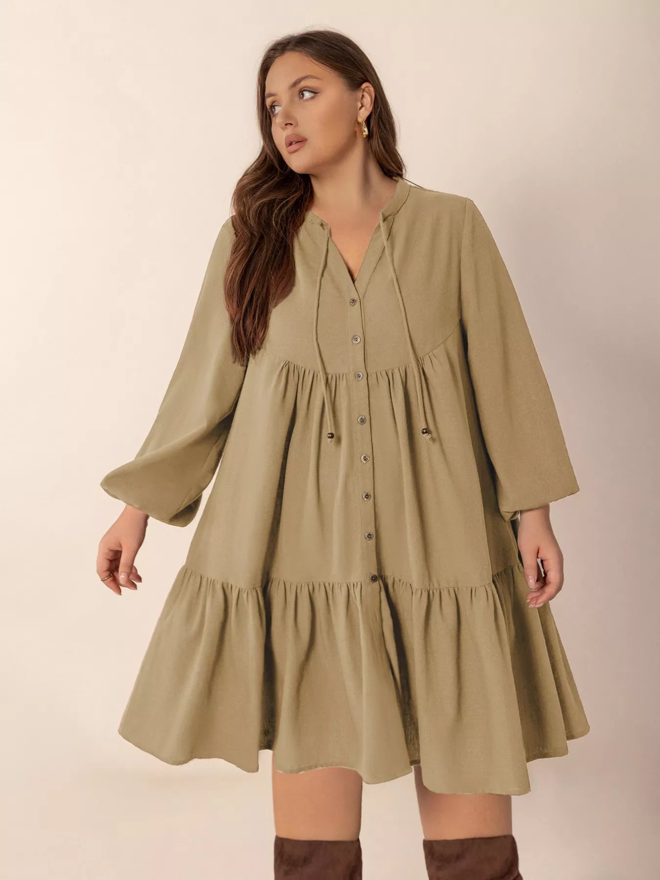 Plus Size Tie Neck Balloon Sleeve Dress