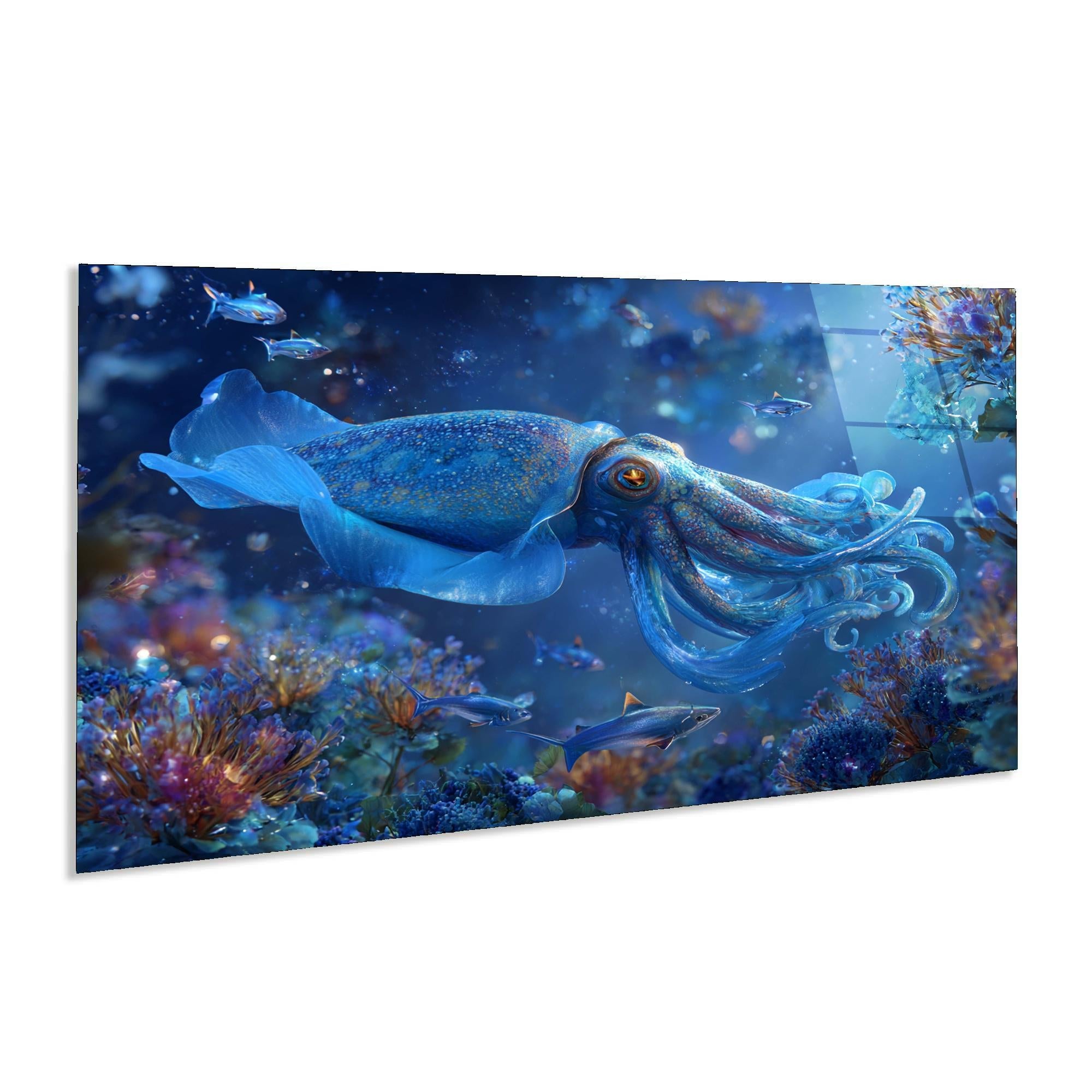 Blue Squid Tempered Glass Wall Art | Ocean Reef Decor