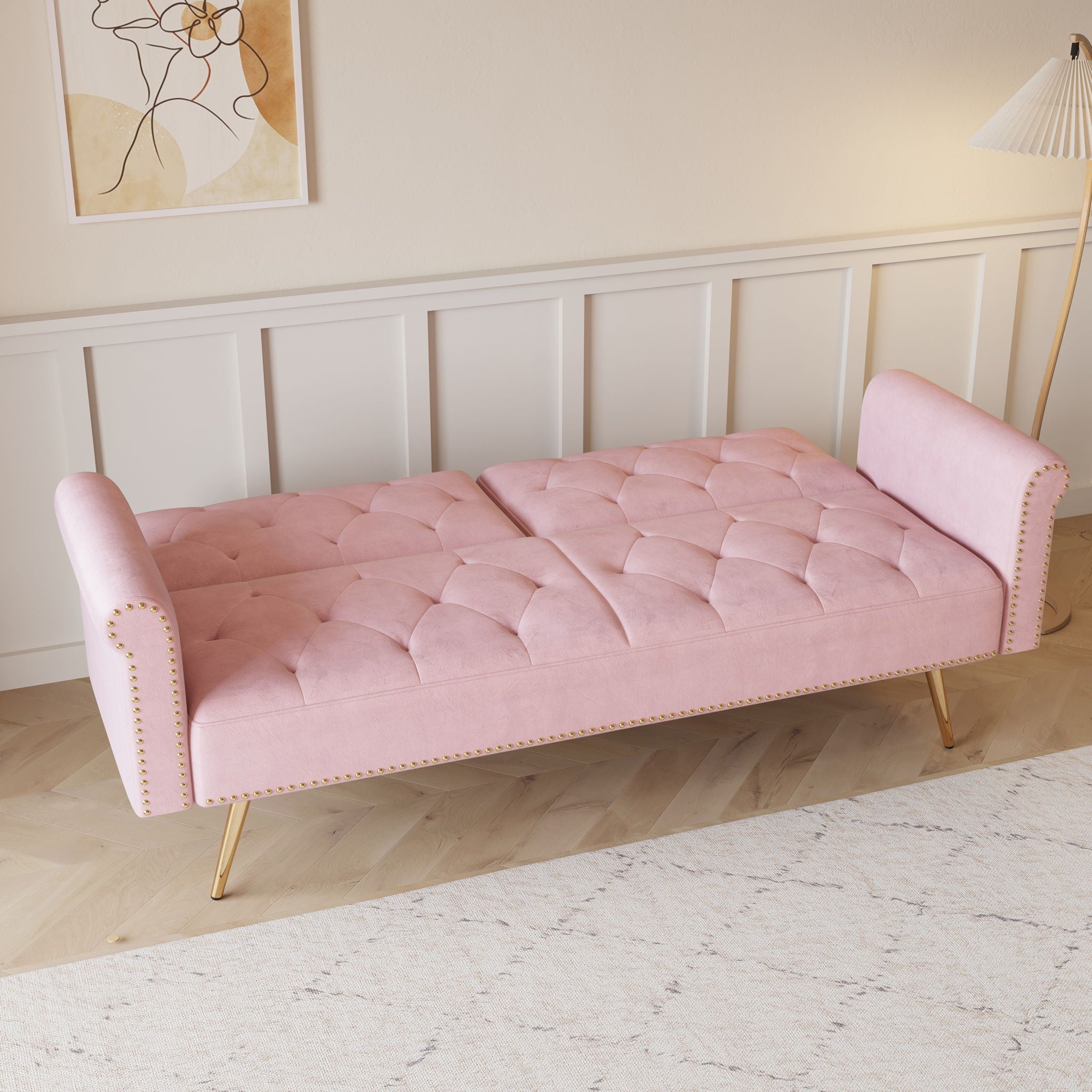 Luxurious Sofa Bed With Nail Head Trim And Matching Pillow