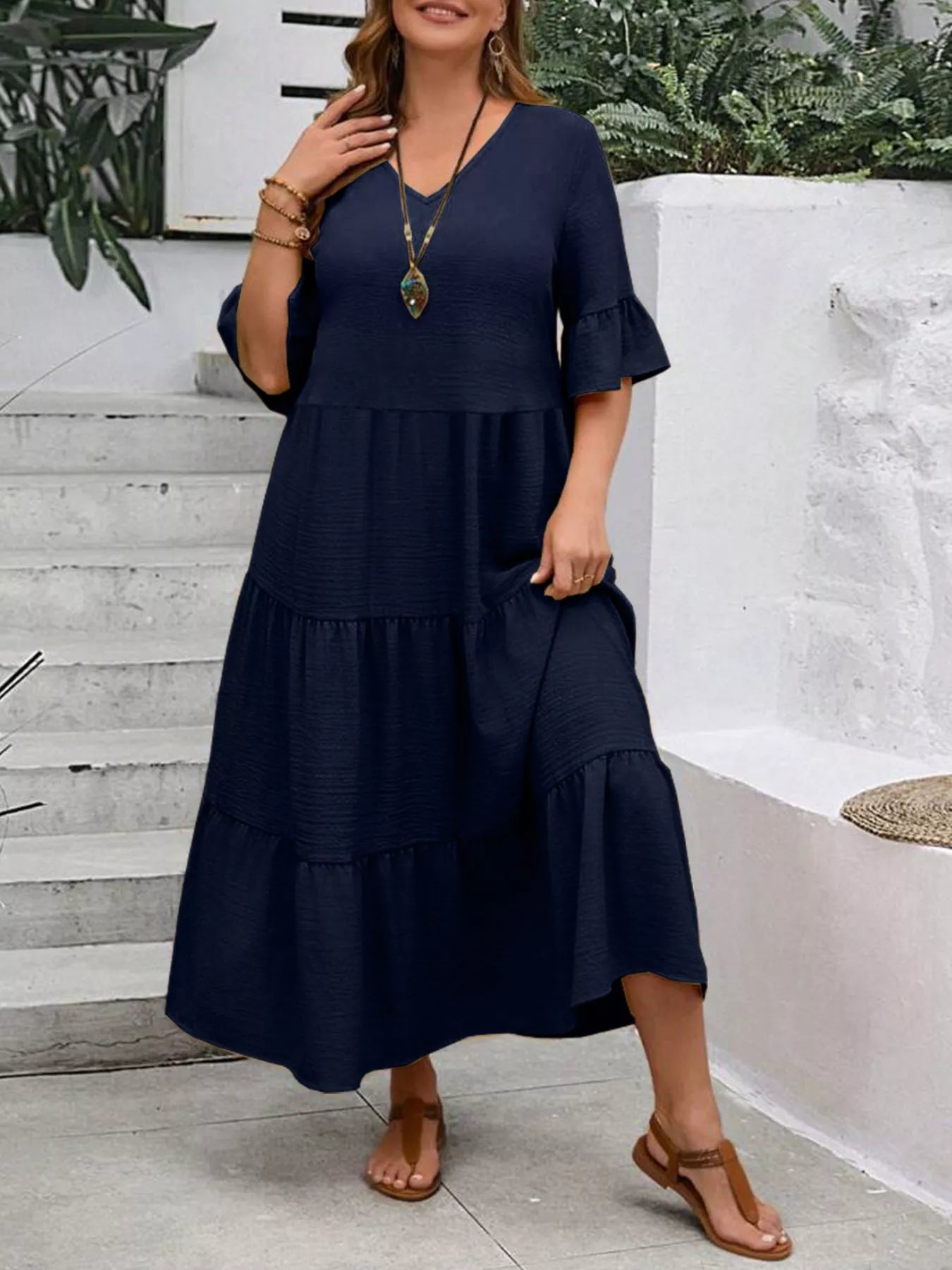 Plus Size Ruffle Sleeves Tiered Midi Dress