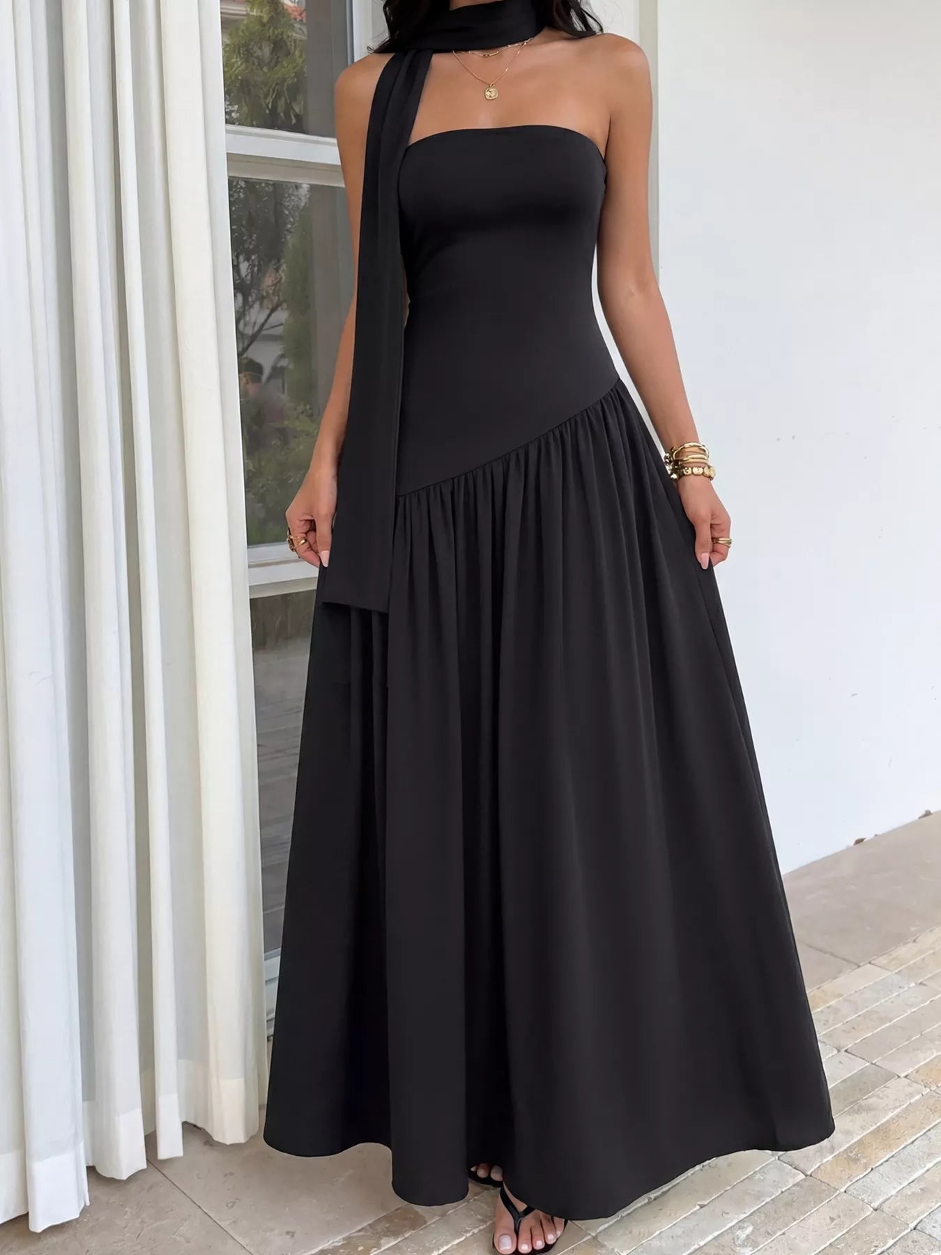 Slit Tube Maxi Dress with Scarf