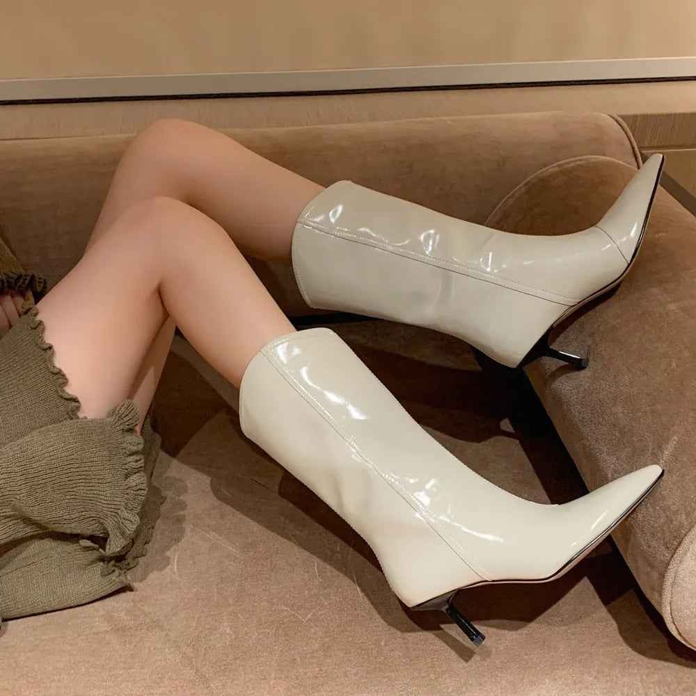 Fashion Western Women Mid-Calf Boots Pointed Toe Thin High Heels Office Lady Shoes Woman Genuine Leather Autumn Winter