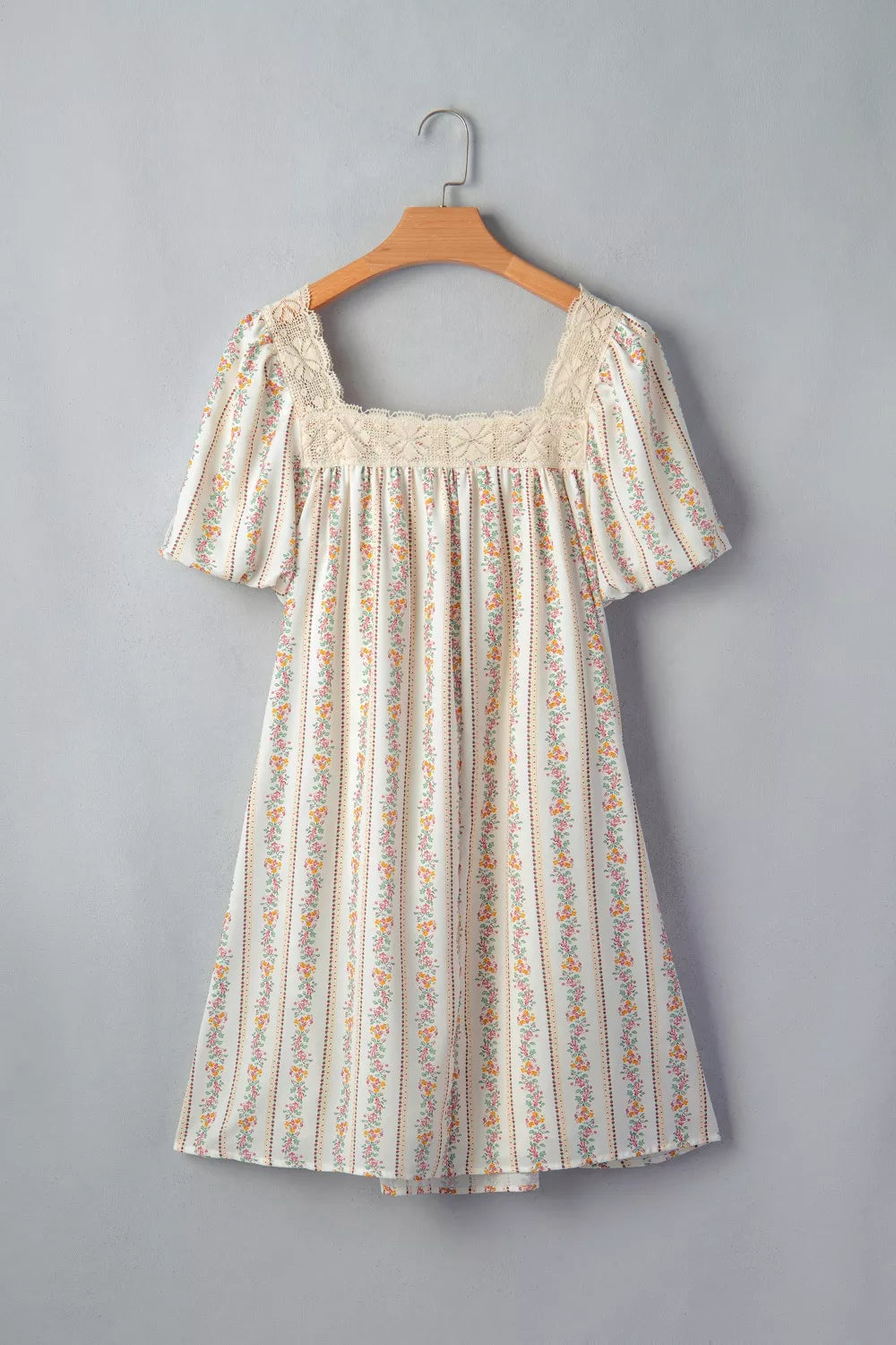 Multicolour Floral Print Contrast Ribbon Bow Lace Trim Square Neck Mini Dress