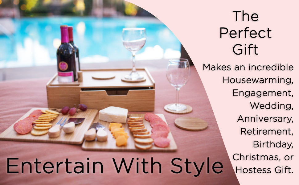 Bamboo Wine & Cheese Serving Station – All-in-One Charcuterie Board with Knife Set, 2 Serving Boards, and Storage Drawer