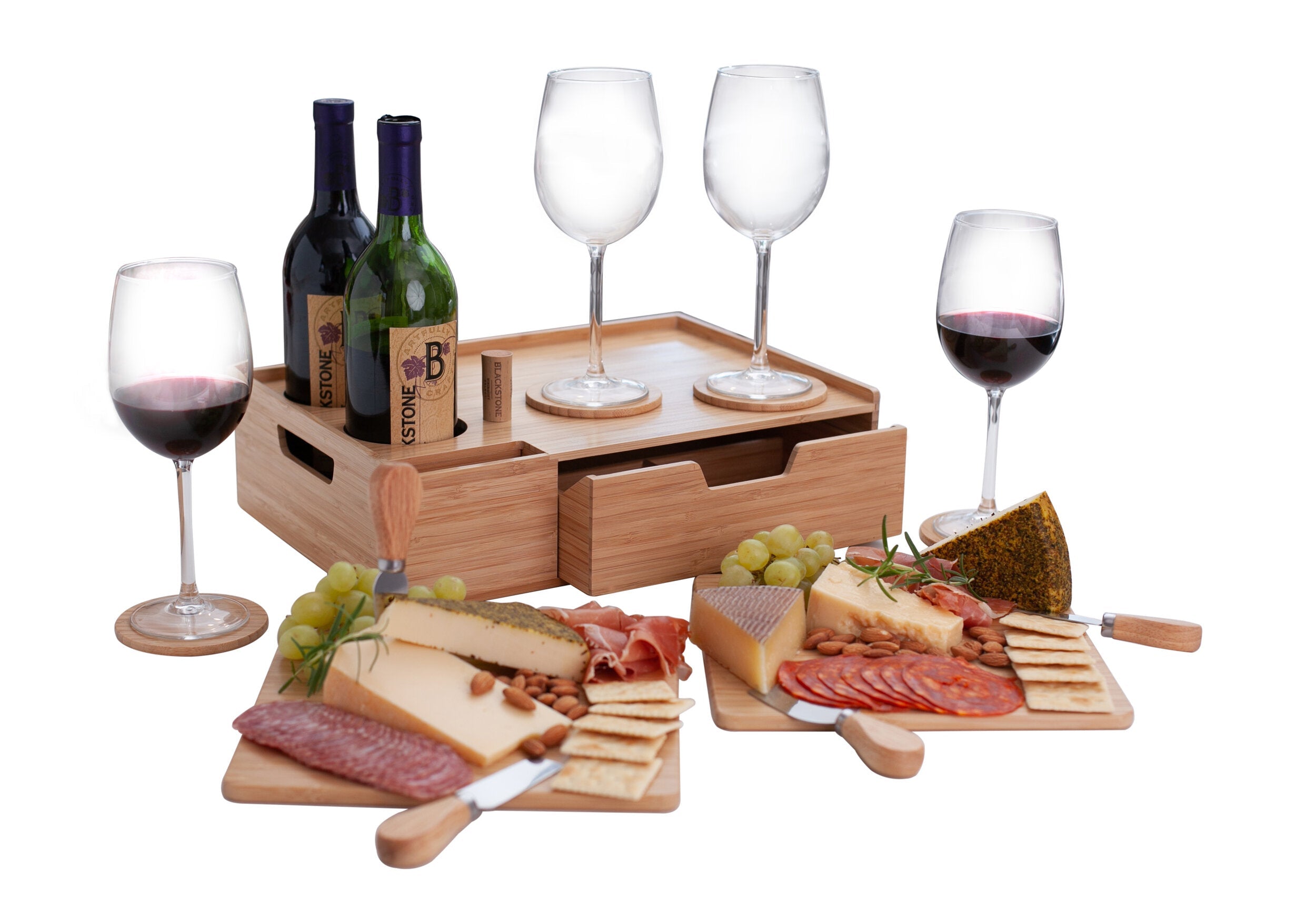 Bamboo Wine & Cheese Serving Station – All-in-One Charcuterie Board with Knife Set, 2 Serving Boards, and Storage Drawer