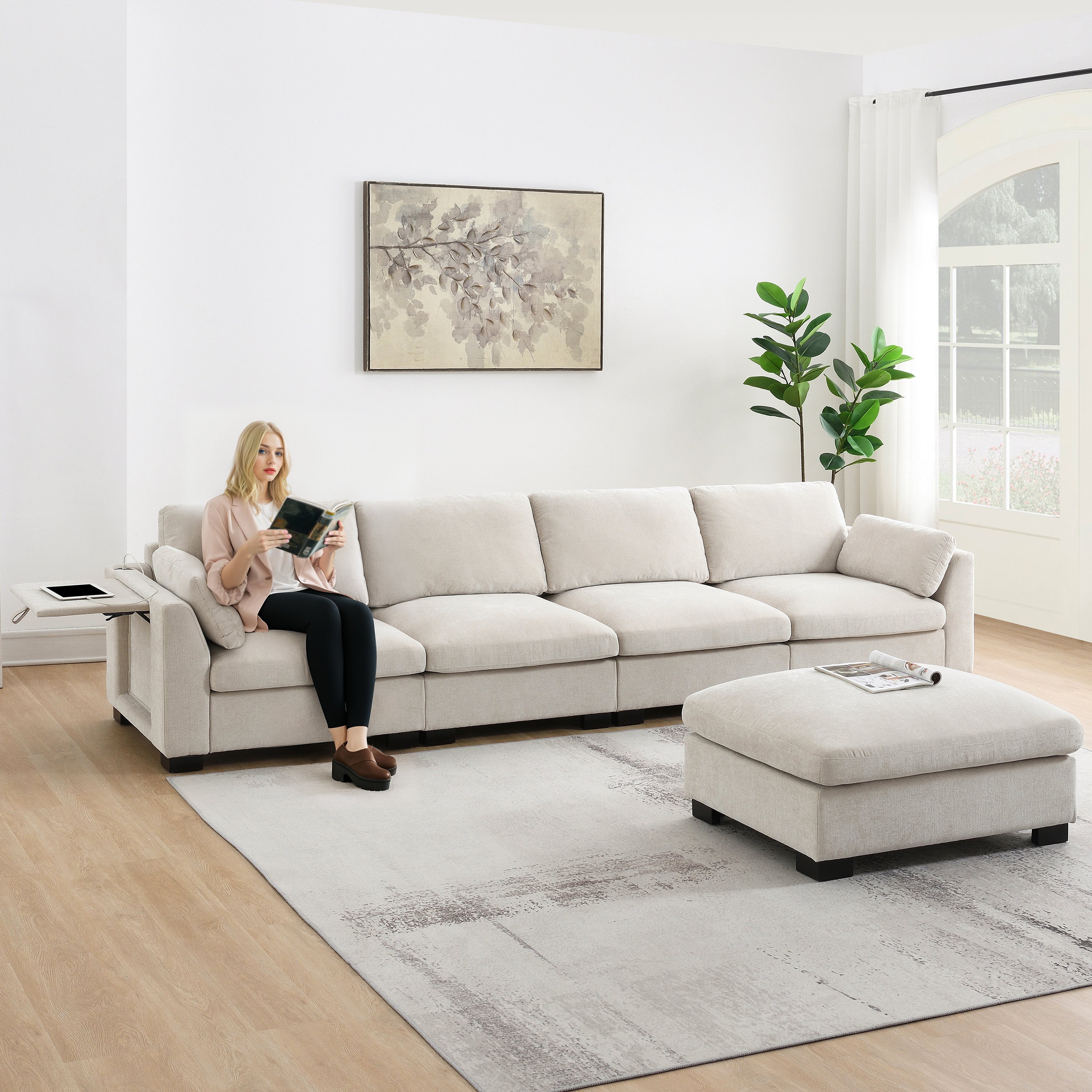 130" Modular Sectional Sofa with Folding Table and Charging Ports
