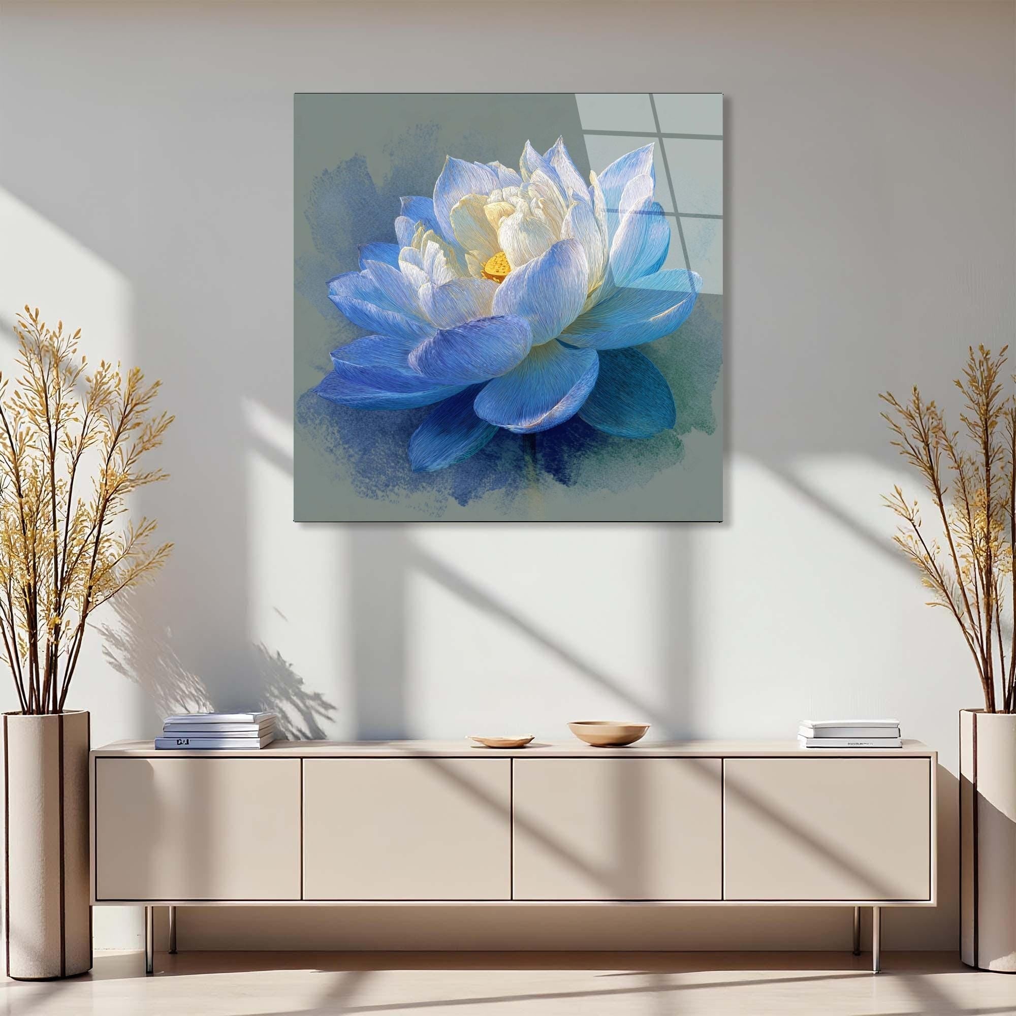 Blue Lotus Tempered Glass Wall Art | Zen Floral Home Decor