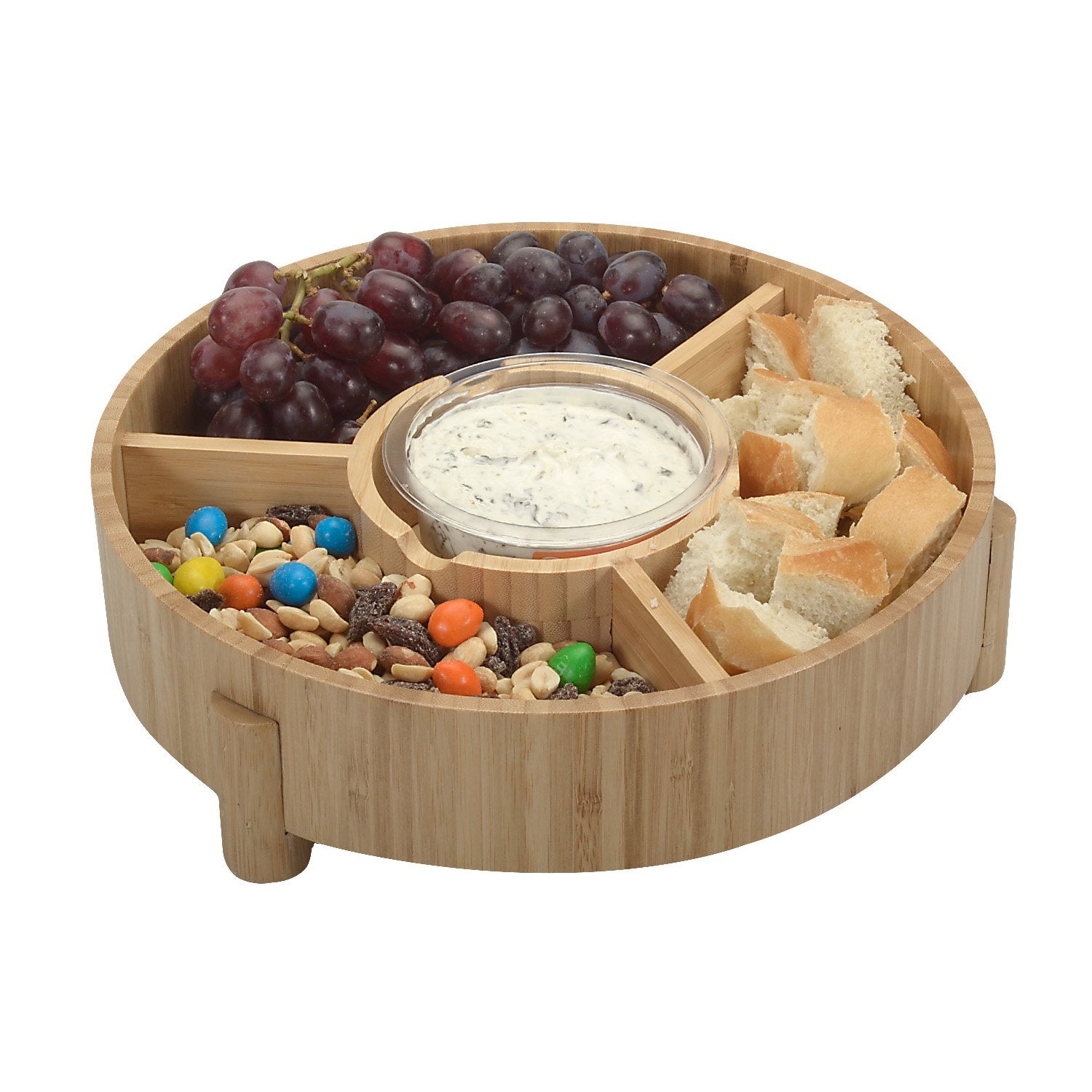 Bamboo Serving Tray & Appetizer Platter - Round Wood Snack Dish for Chips and Dip, Veggies, and Charcuterie