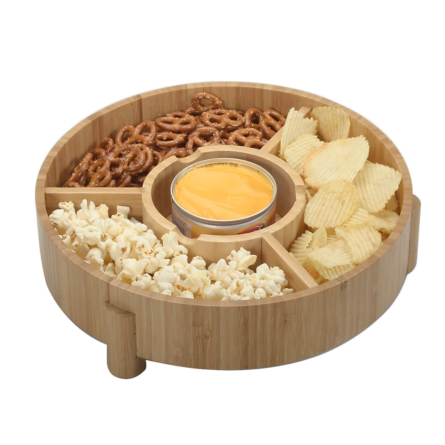Bamboo Serving Tray & Appetizer Platter - Round Wood Snack Dish for Chips and Dip, Veggies, and Charcuterie