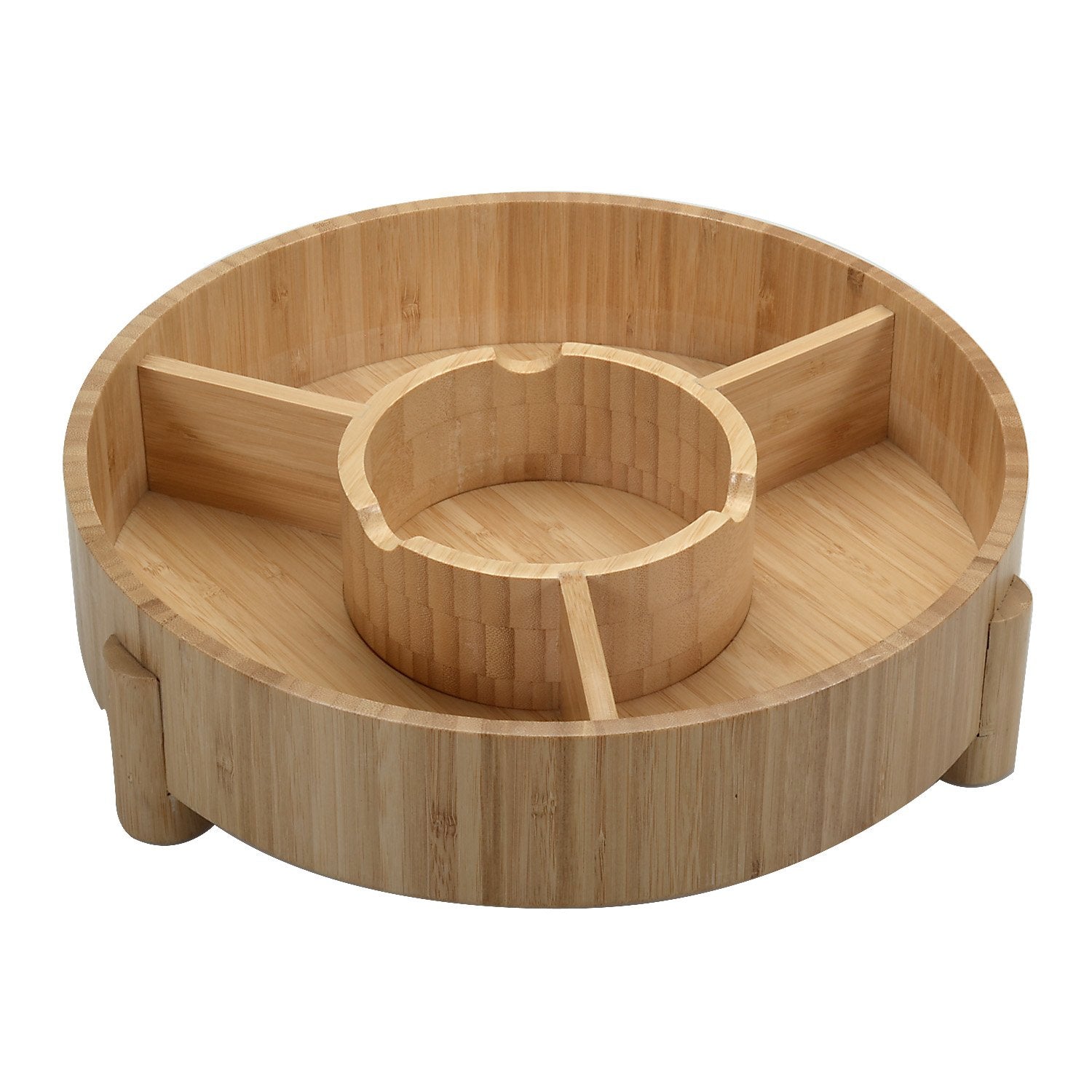 Bamboo Serving Tray & Appetizer Platter - Round Wood Snack Dish for Chips and Dip, Veggies, and Charcuterie