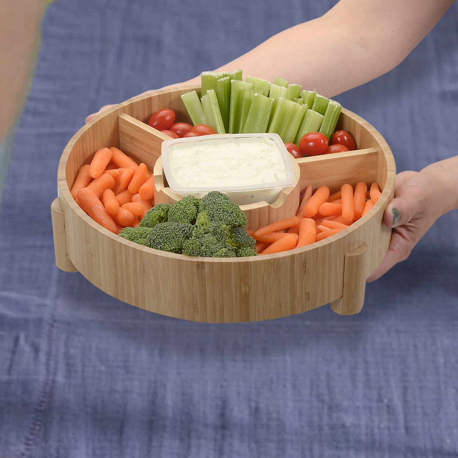 Bamboo Serving Tray & Appetizer Platter - Round Wood Snack Dish for Chips and Dip, Veggies, and Charcuterie