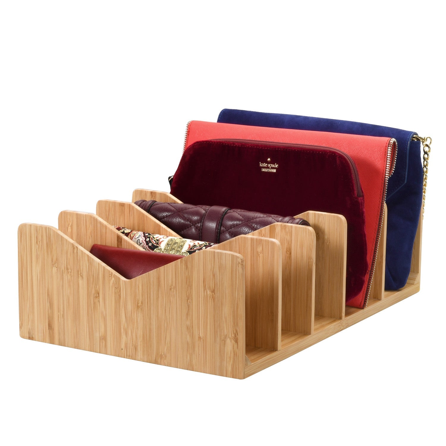 Bamboo Purse & Wallet Organizer for Closet – 5-Divider Handbag Storage Rack